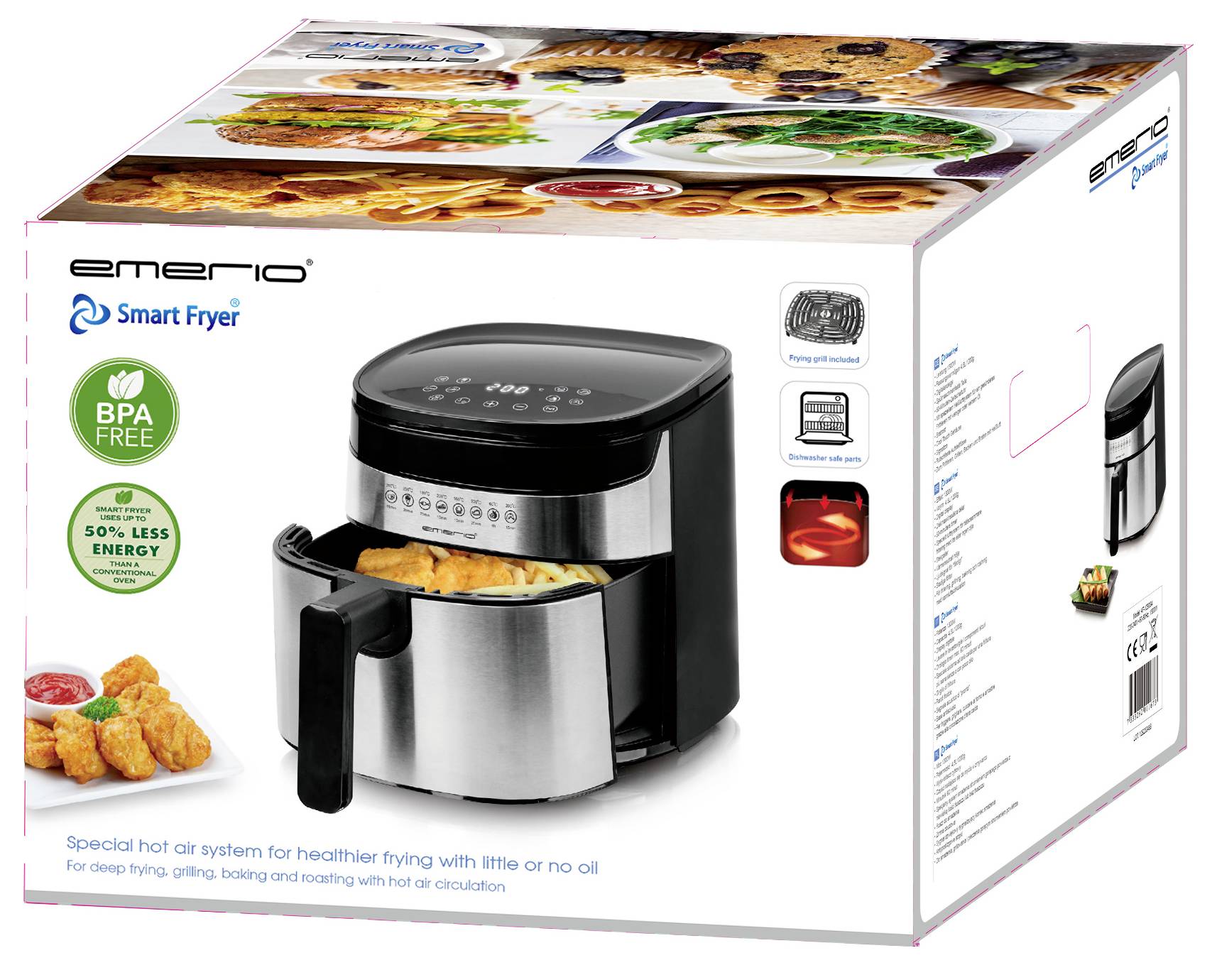 Eine Smart-Fritteuse mit Heißluftsystem von Emerio, energiesparend und BPA-frei, geeignet für fettarmes Frittieren, Backen und Grillen. Verpackung zeigt Produkt und Nutzungsszenarien.