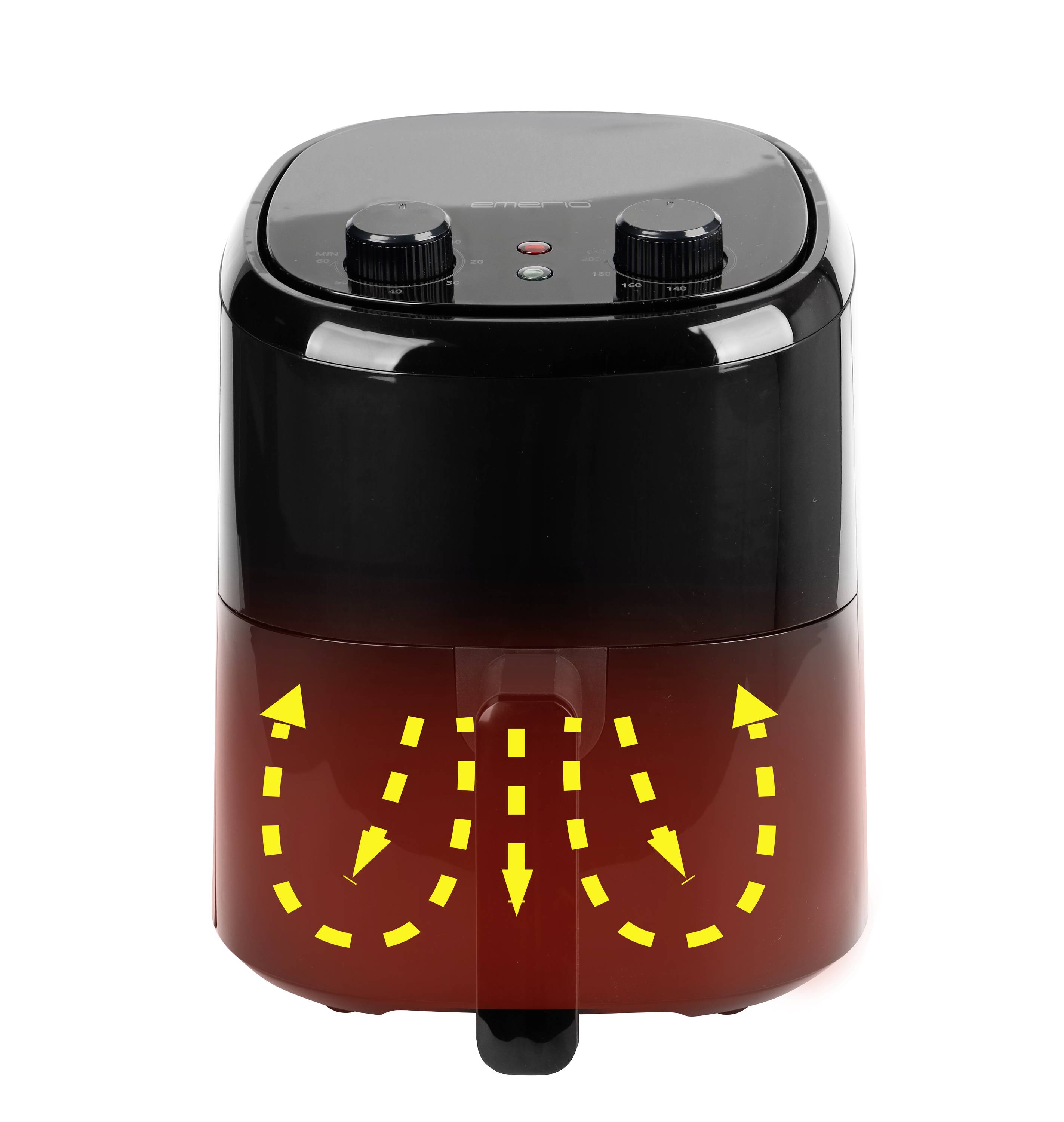 Ein Heißluftfritteuse mit zwei Drehknöpfen oben. Gelbe Pfeile zeigen den Luftstrom nach oben im Gerät an.