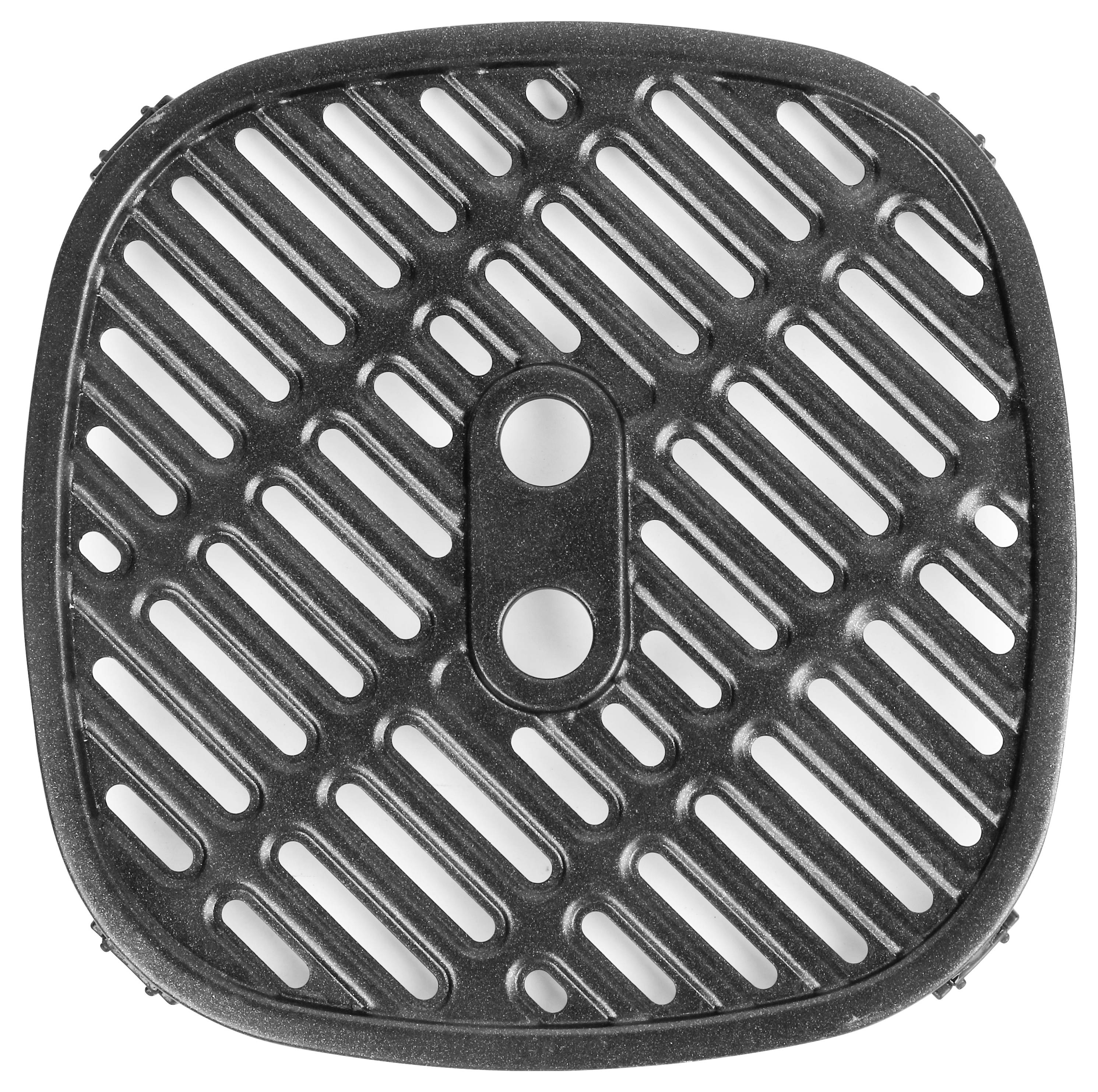 Ein rechteckiger Grillrost mit parallel verlaufenden, gleichmäßigen Schlitzen, zentralen Schraubenlöchern und abgerundeten Ecken.