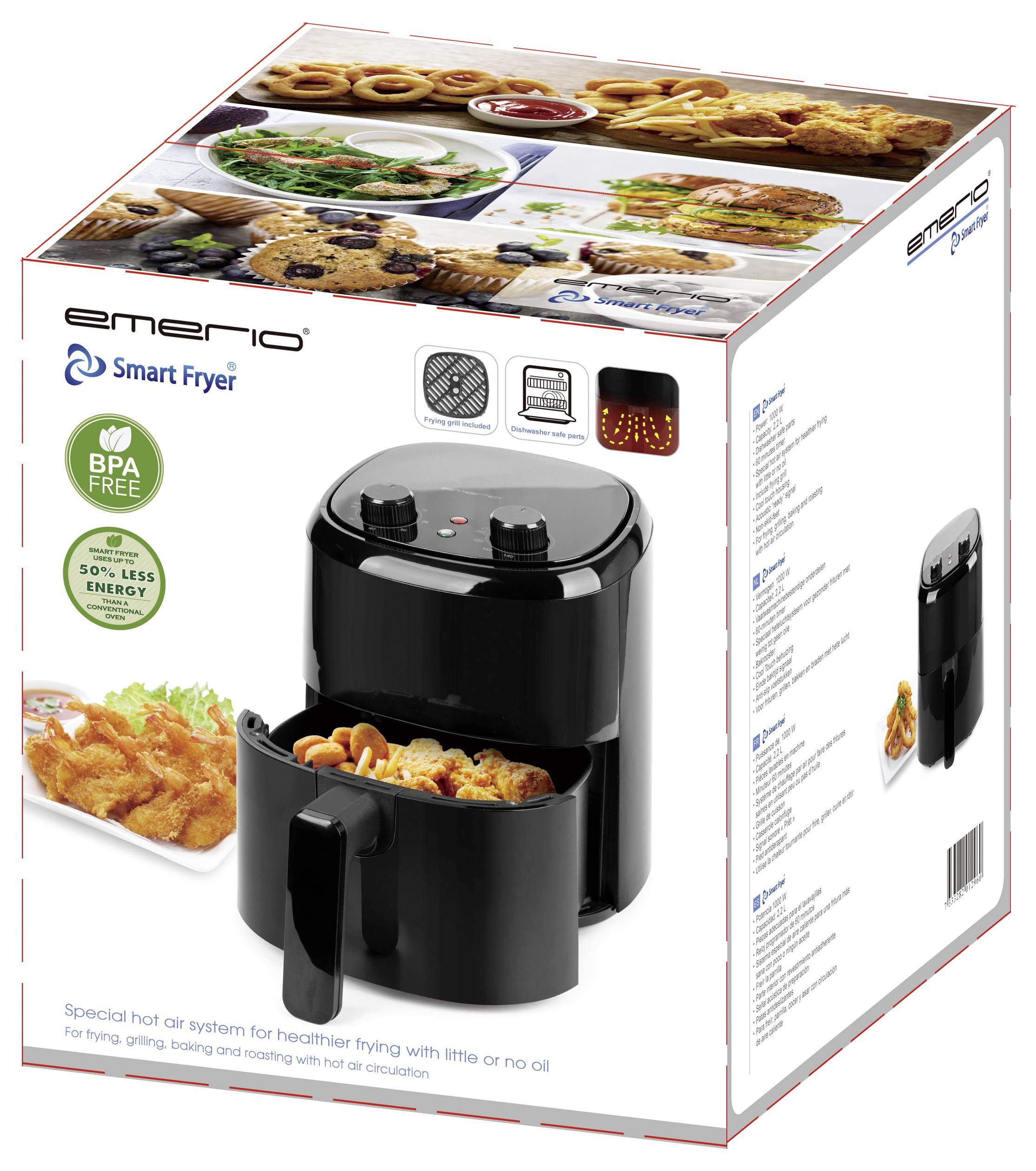 Heißluftfritteuse-Verpackung, zeigt das Gerät und gekochtes Essen. Text: 'Emerio Smart Fryer, BPA frei, 50% weniger Energie.'