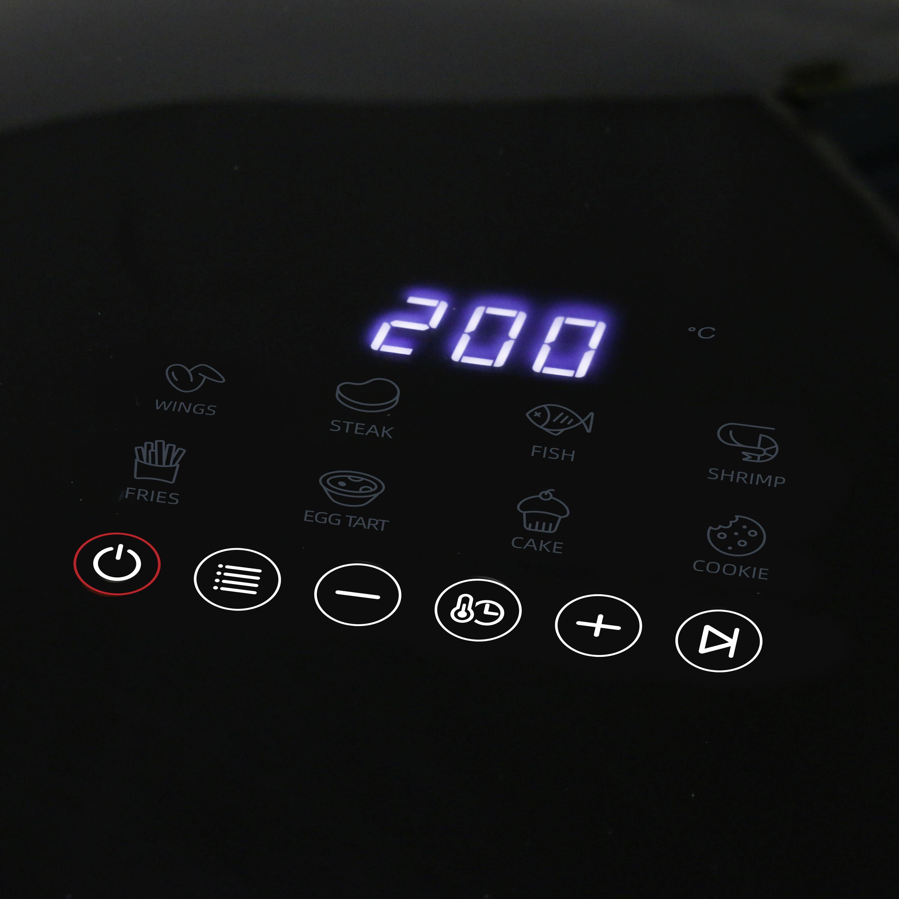 Schwarzes Touchscreen-Bedienfeld eines Kochgeräts mit Symbolen für verschiedene Gerichte und digitaler Anzeige von '200 °C'.