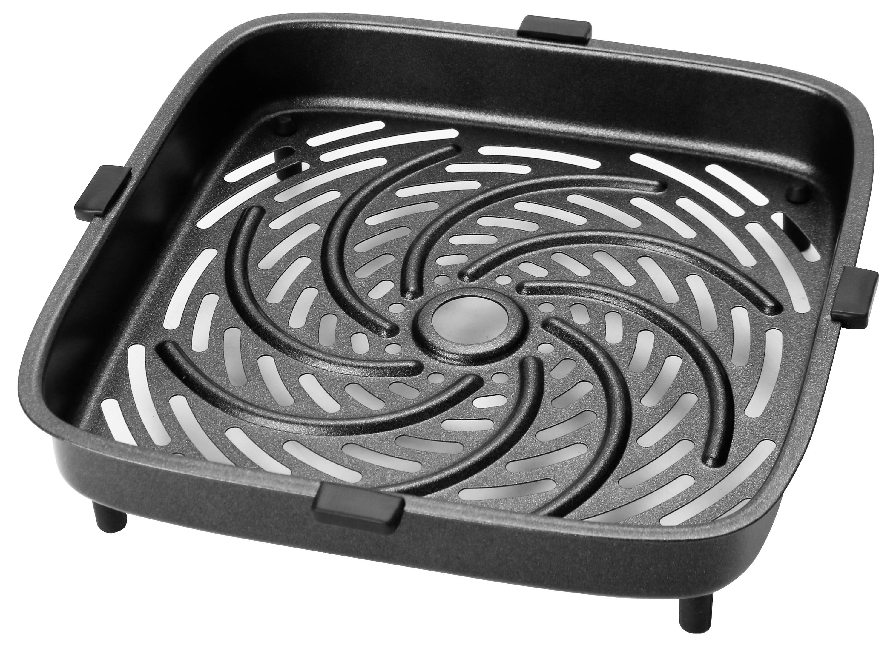 Schwarzes quadratisches Abtropfgitter mit runden, spiralförmigen Öffnungen in der Mitte. Geeignet zum Abtropfen in der Küche.