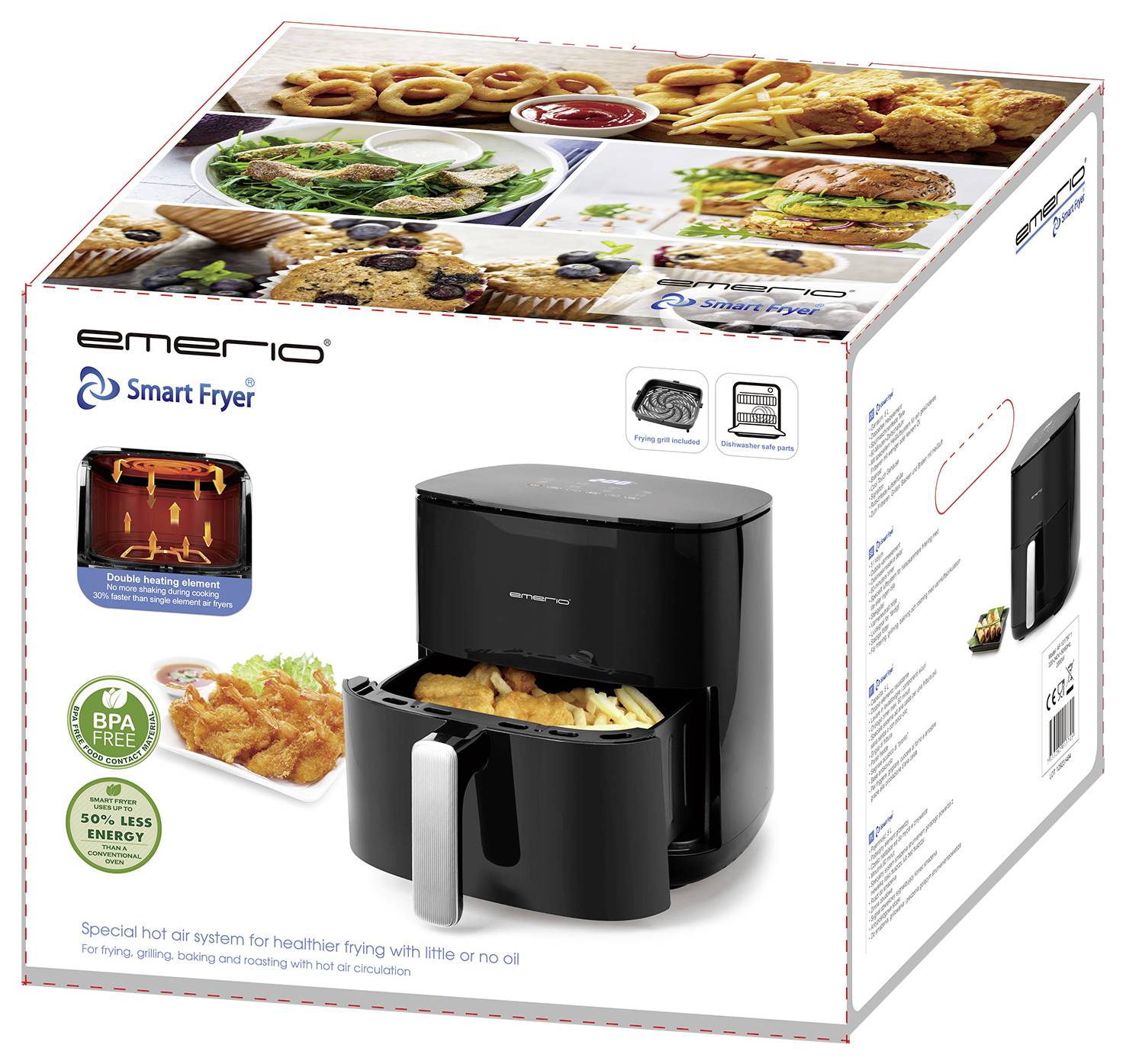 'emerio Smart Fryer' Luftfritteuse-Verpackung mit Bildern: knusprige Pommes, Hühnerflügel, Gerät in Schwarz, Energiesparhinweis.