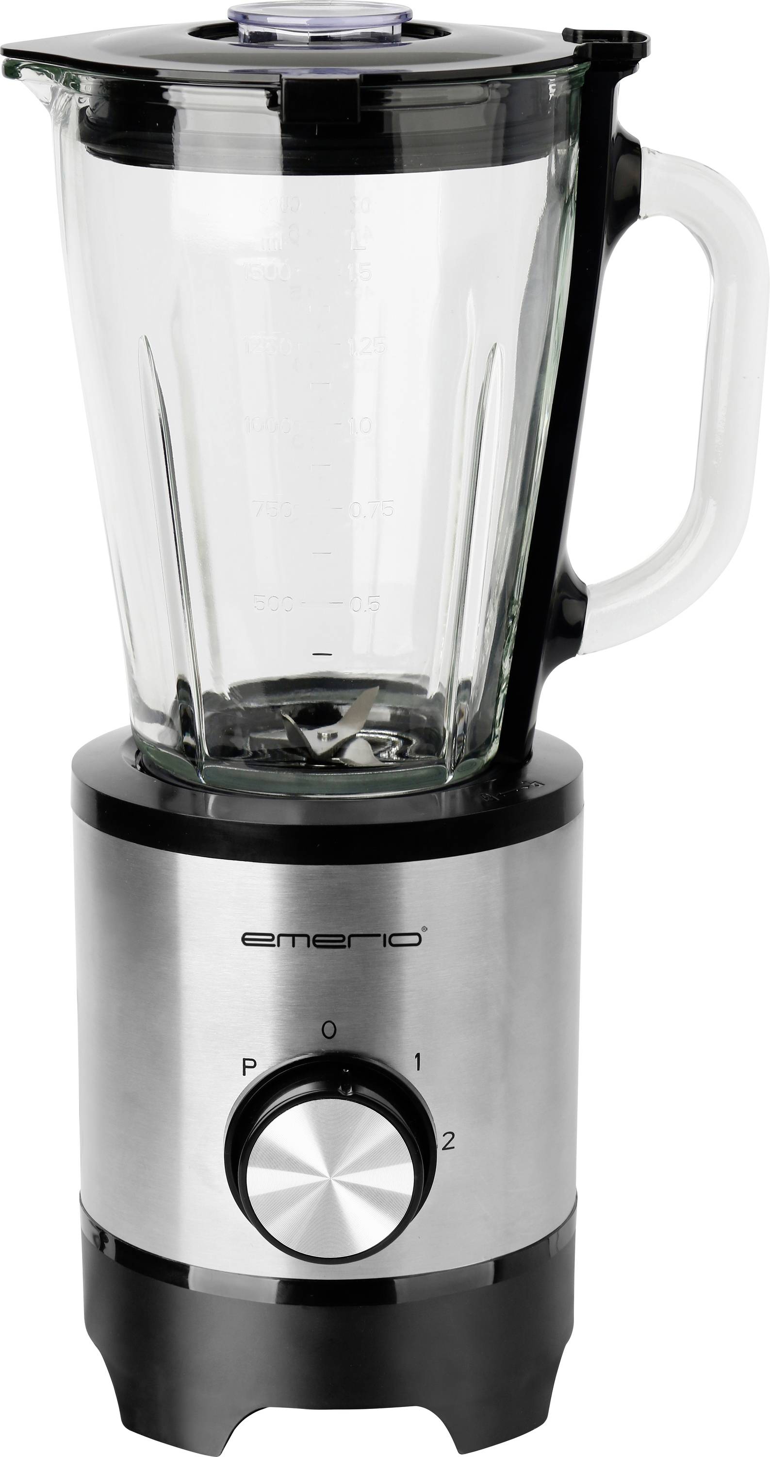 Ein silberner Standmixer mit Glaskrug und schwarzem Sockel. Der Drehknopf an der Vorderseite hat drei Einstellungen: 0, 1 und 2.