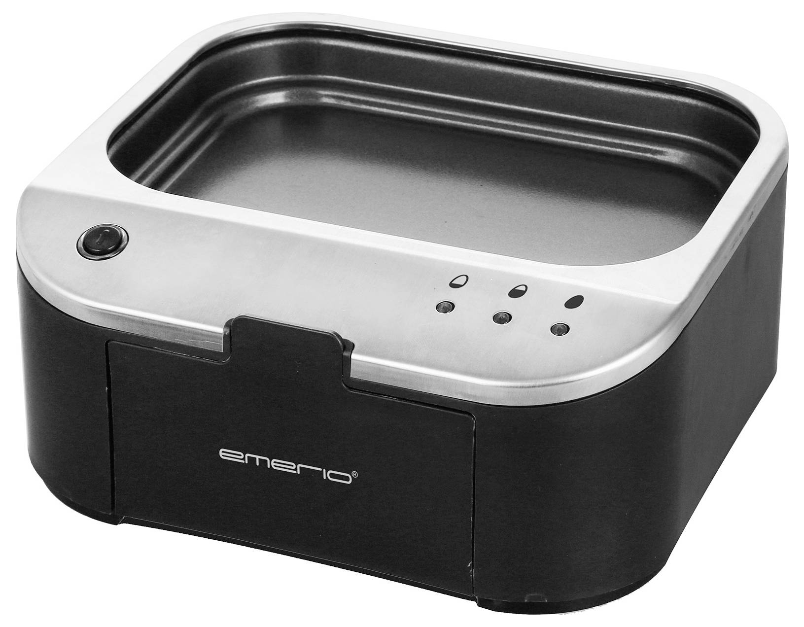 Elektrisches Gerät mit schwarzem Korpus und Edelstahl-Oberfläche, vermutlich eine beheizbare Kochplatte oder ein Küchenzubehör.