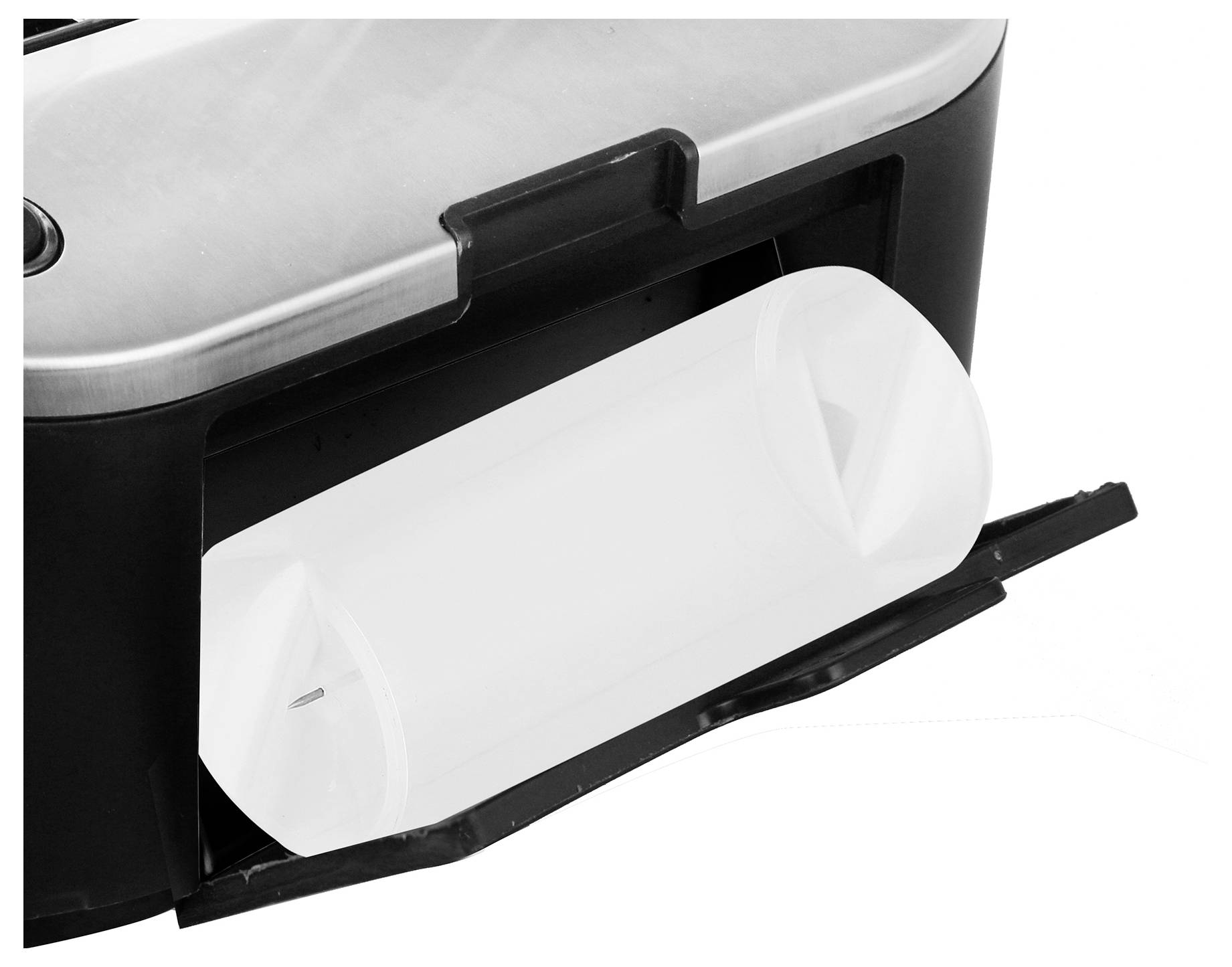 Die geöffnete Rückseite eines Kopiergeräts zeigt den Papierausgabebereich ohne eingelegtes Papier.