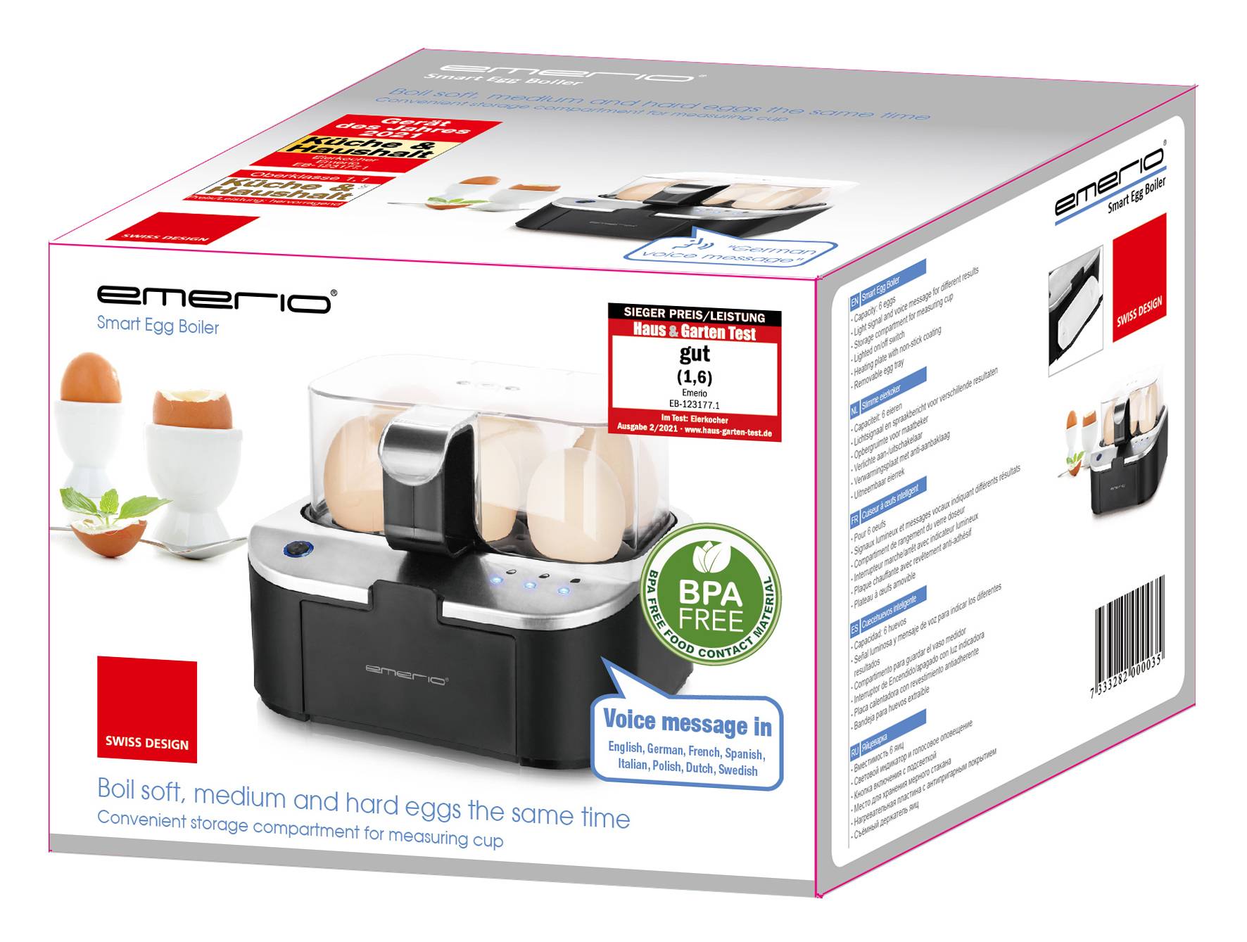 Verpackung eines Eierkochers mit Platz für mehrere Eier, BPA-frei. Enthält Texte zu Funktionen wie Soft, Medium und Hard-Boiled.