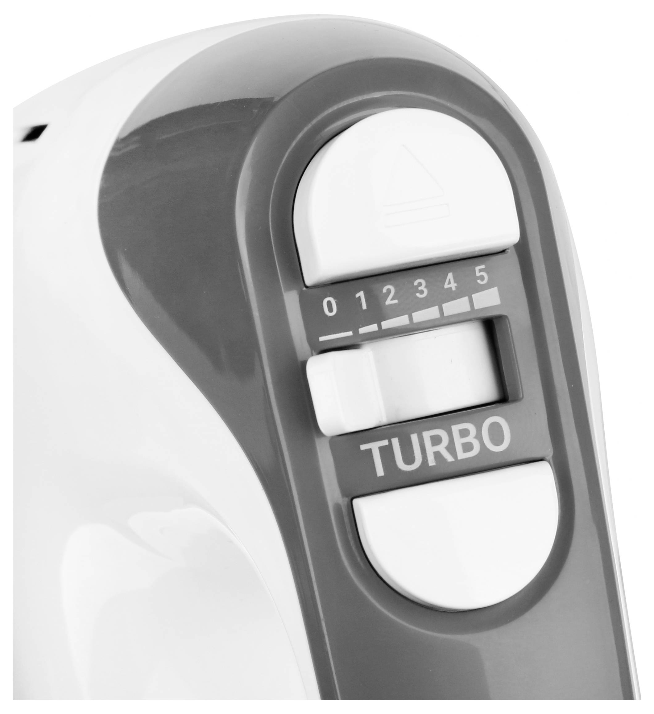 Ein Küchengerät mit einem grauen Schieberegler zur Einstellung von fünf Stufen und einer weißen Taste mit der Aufschrift 'Turbo'.