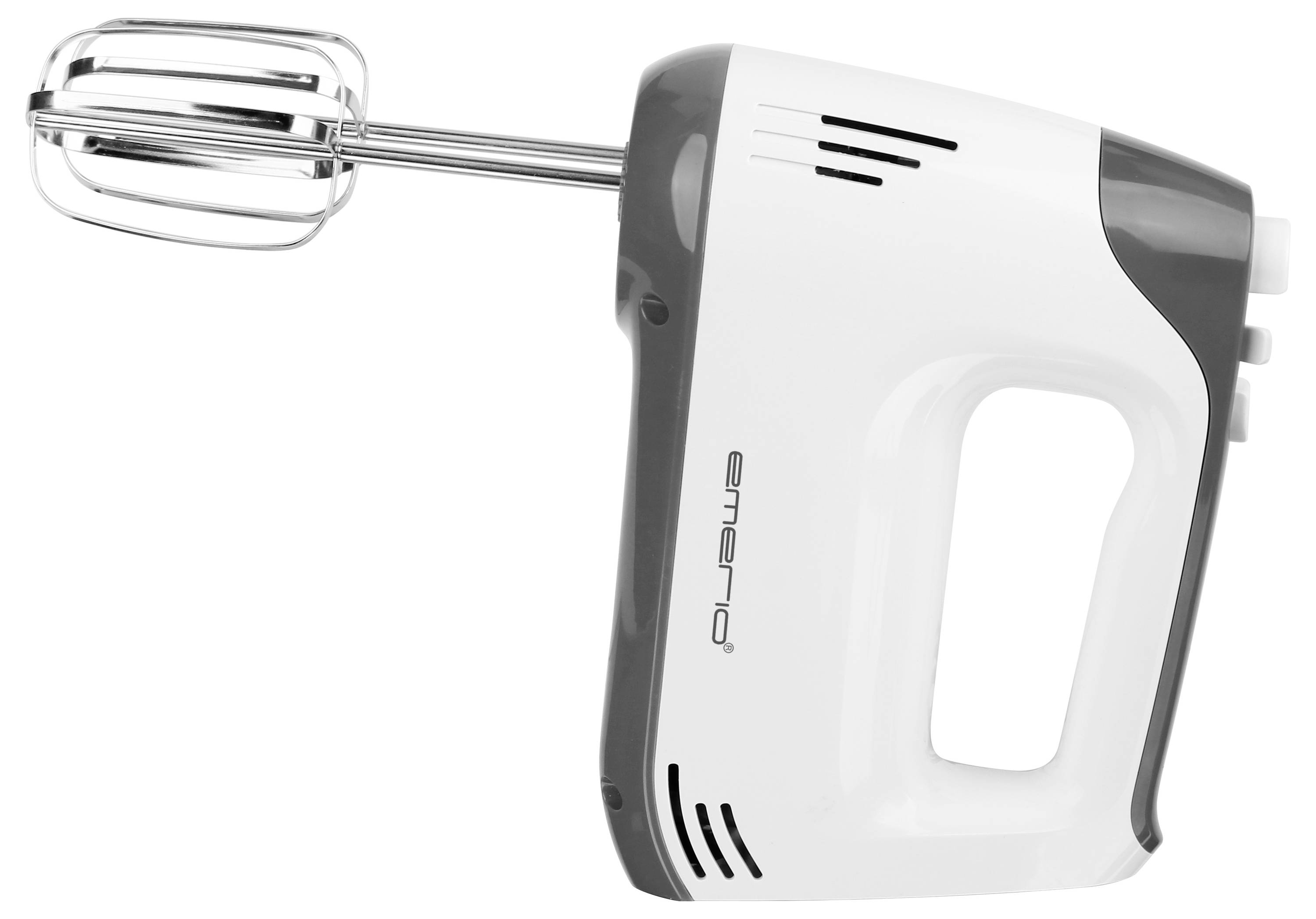 Ein weißer Handmixer mit grau-schwarzen Akzenten, zwei Rührstäben und ergonomischem Griff für einfache Bedienung.
