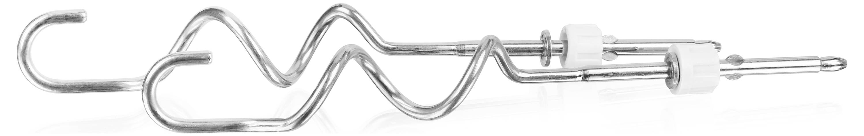 Zwei Edelstahl-Knethaken mit weißem Kunststoffgriff liegen nebeneinander auf einer weißen Oberfläche.