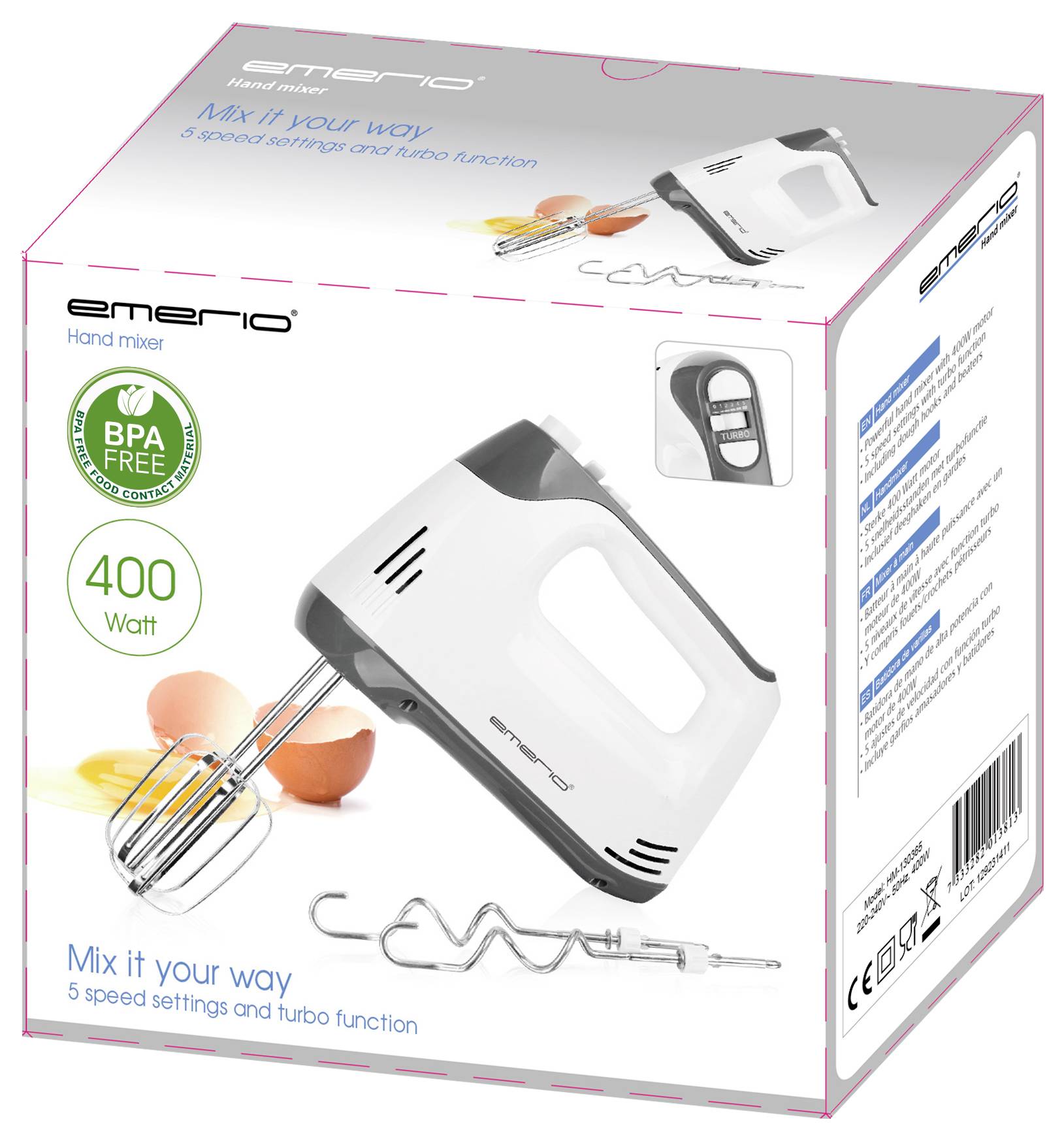 Handmixer-Verpackung mit Abbildung des weißen Mixers, 400 Watt Leistung. Produkt enthält BPA-freie Materialien. Funktionen: 5 Geschwindigkeiten und Turbomodus.
