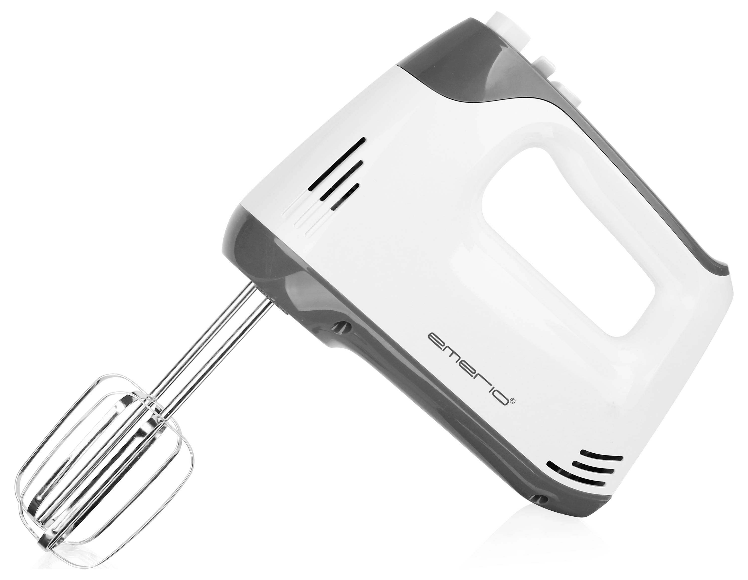 Ein weißer Handmixer mit grauen Details und zwei Metallschlägern, geeignet zum Mischen und Schlagen von Zutaten in der Küche.