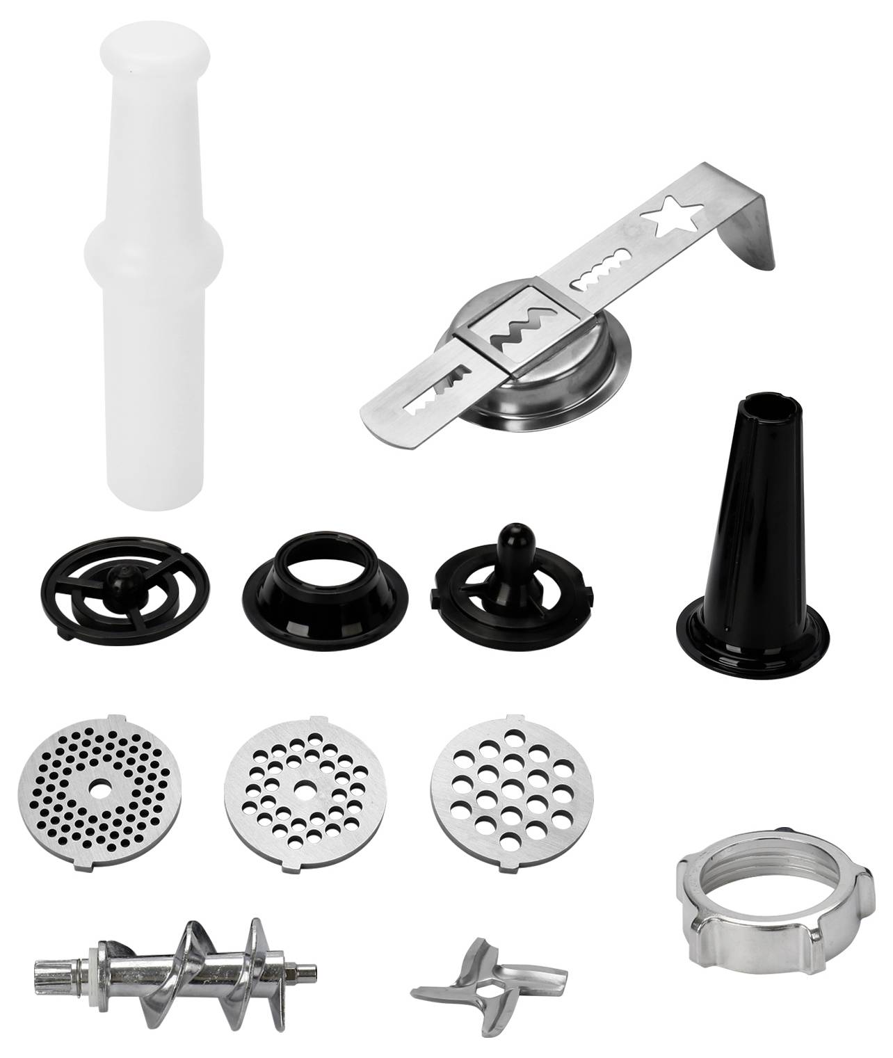 Verschiedene Aufsätze und Zubehörteile für einen Fleischwolf, darunter Schneckengewinde, verschiedene Lochscheiben und Füllrohre.