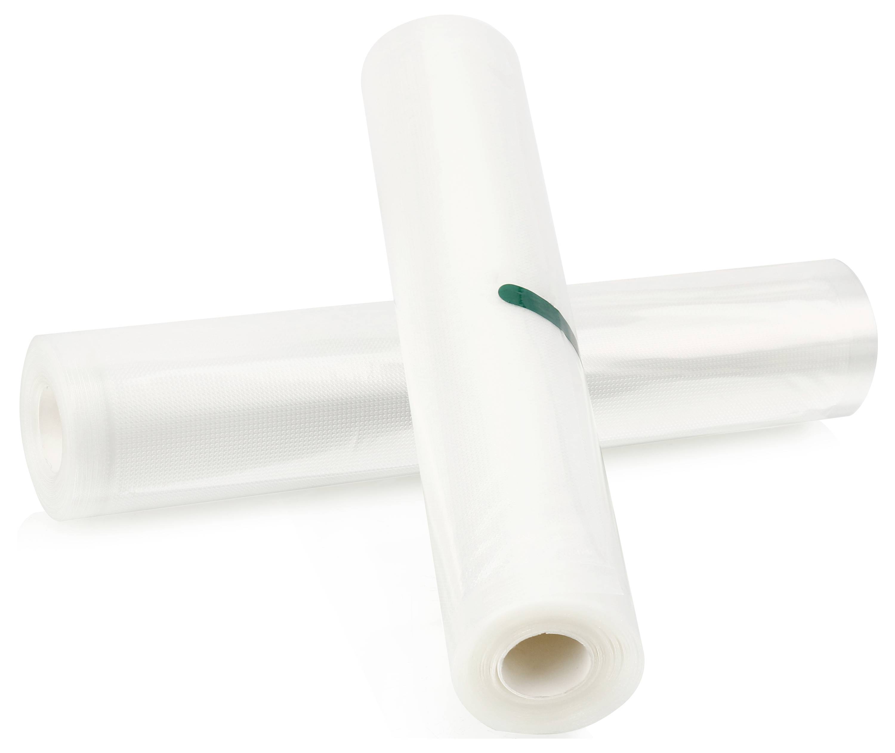 Zwei weiße Plastikfolienrollen, übereinander gekreuzt, auf weißem Hintergrund.