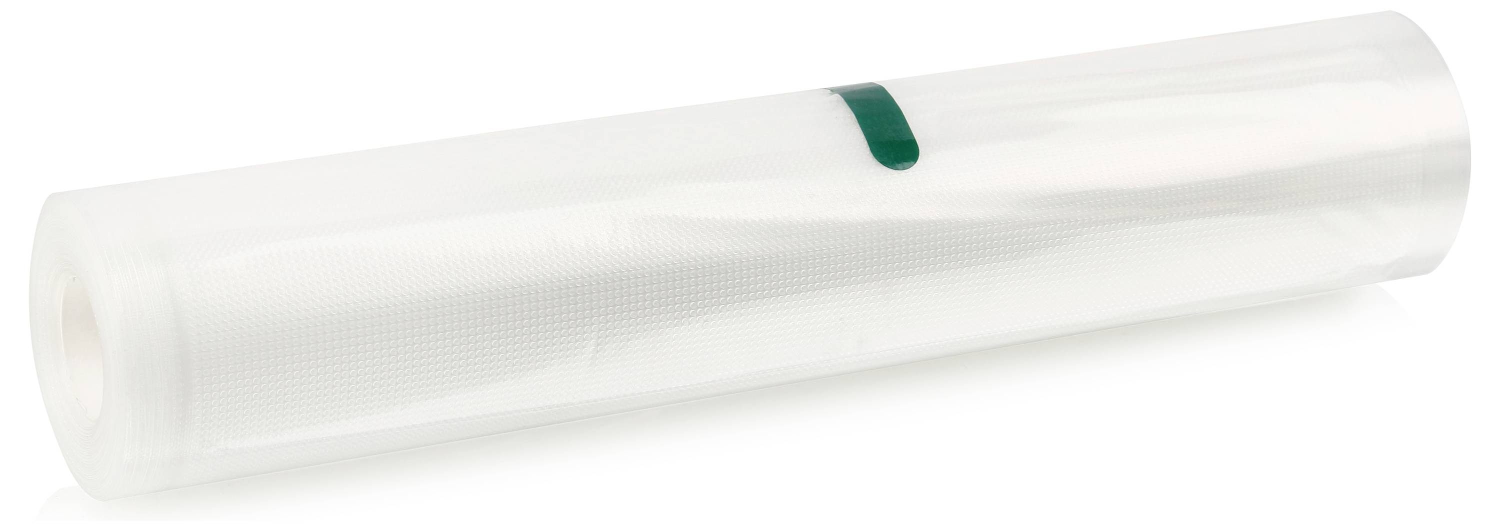 Eine Rolle transparente Folie, teilweise abgerollt, mit einem kleinen grünen Streifen als Markierung in der Mitte.