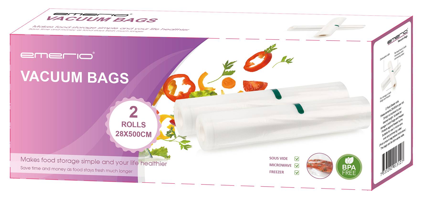Ein Karton mit zwei Vakuumrollen, abgebildet mit Gemüse und Symbolen für Mikrowellen- und Gefriertauglichkeit. Markenname: Emerio.