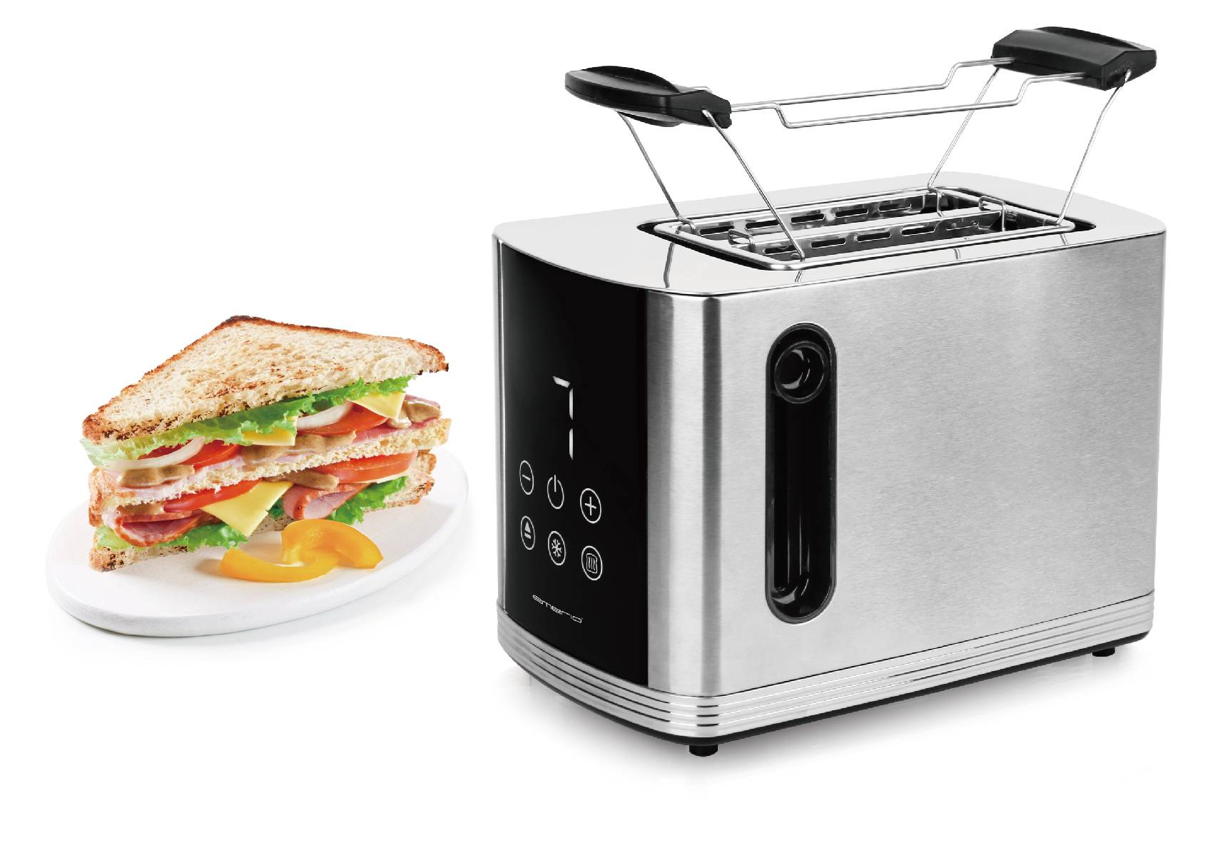 Ein moderner Toaster mit digitalem Display und zwei Toastschlitzen. Daneben steht ein Speck-Salat-Sandwich auf einem Teller.