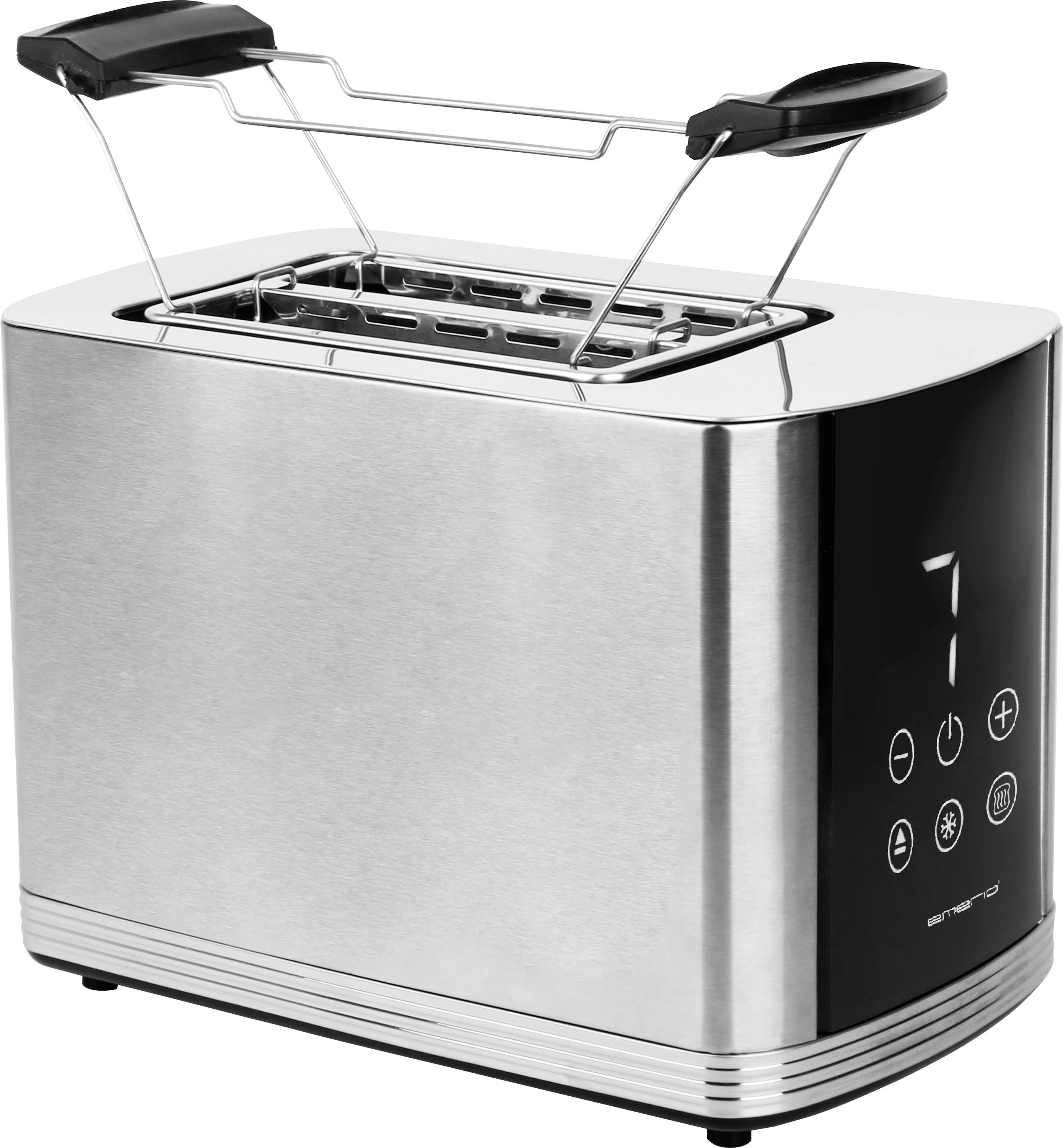 Ein moderner Toaster aus Edelstahl mit Digitalanzeige und Bedienelementen. Zwei Schlitze für Toast. Die Anzeige zeigt die Zahl '7'.