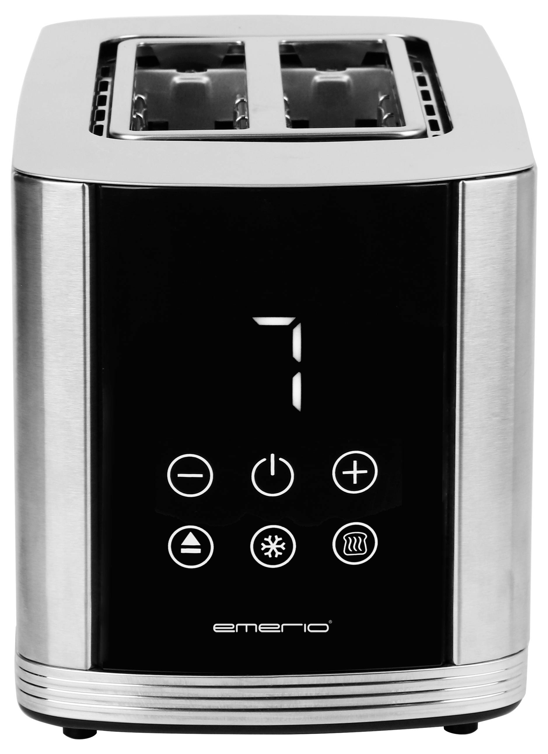 Silberner Toaster mit digitalem Display, zeigt Zahl '7'. Darunter beleuchtete Bedienelemente für Einstellungen wie Auftauen und Aufwärmen.