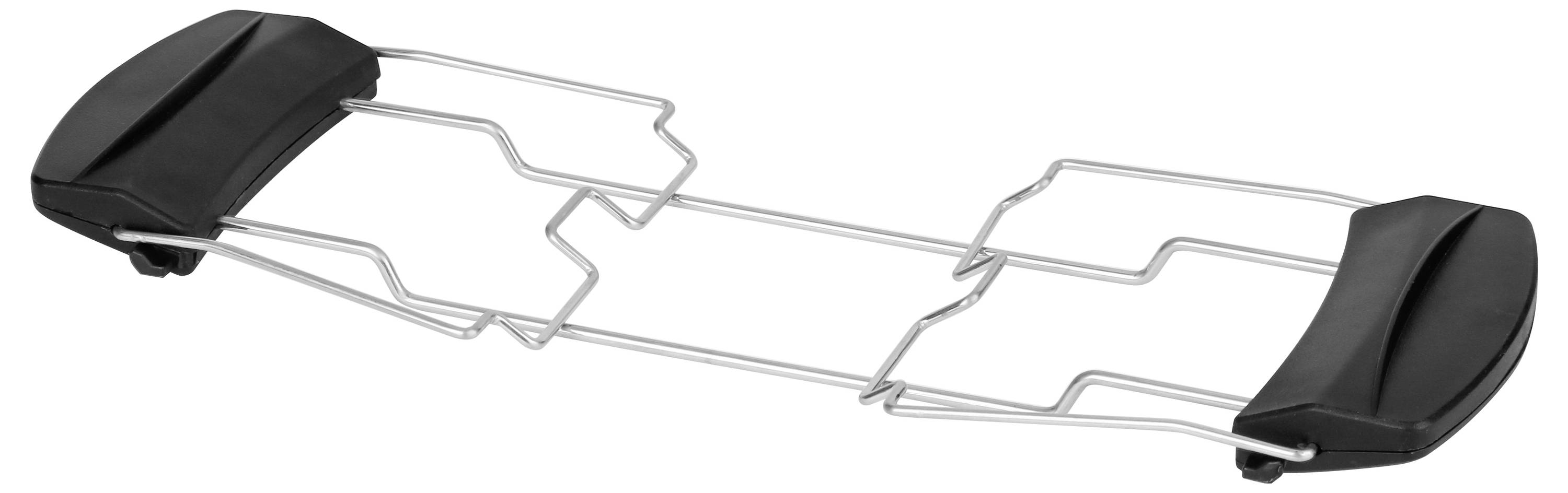 Schwarzer und silberner Toastbrot-Halter aus Metall für Toaster. Hat vier parallel laufende Halterungen, um Brot sicher zu platzieren.