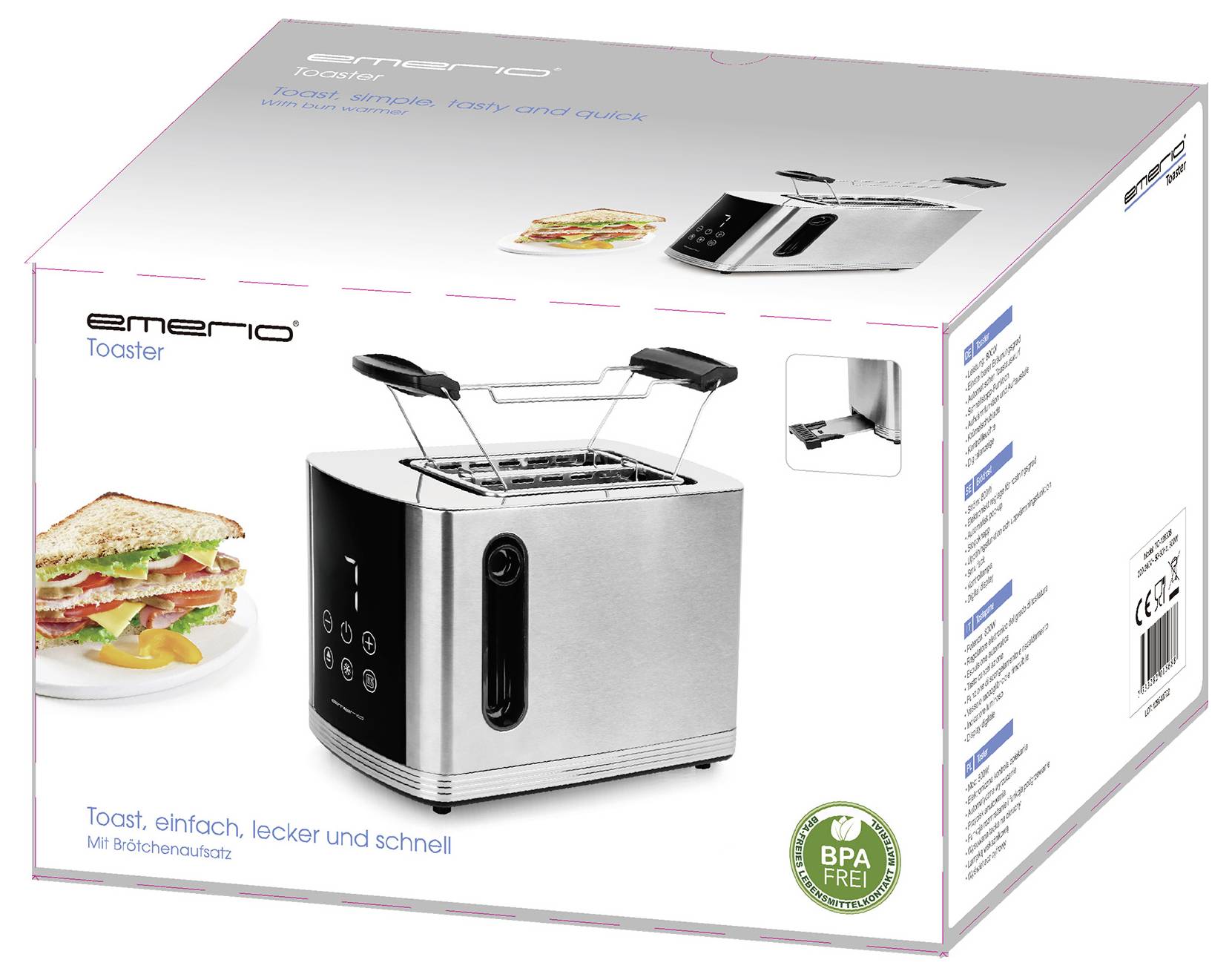 Toaster mit digitalem Display auf Verpackung; beworben mit 'Toast, einfach, lecker und schnell'. Enthält Brötchenaufsatz, BPA-frei.