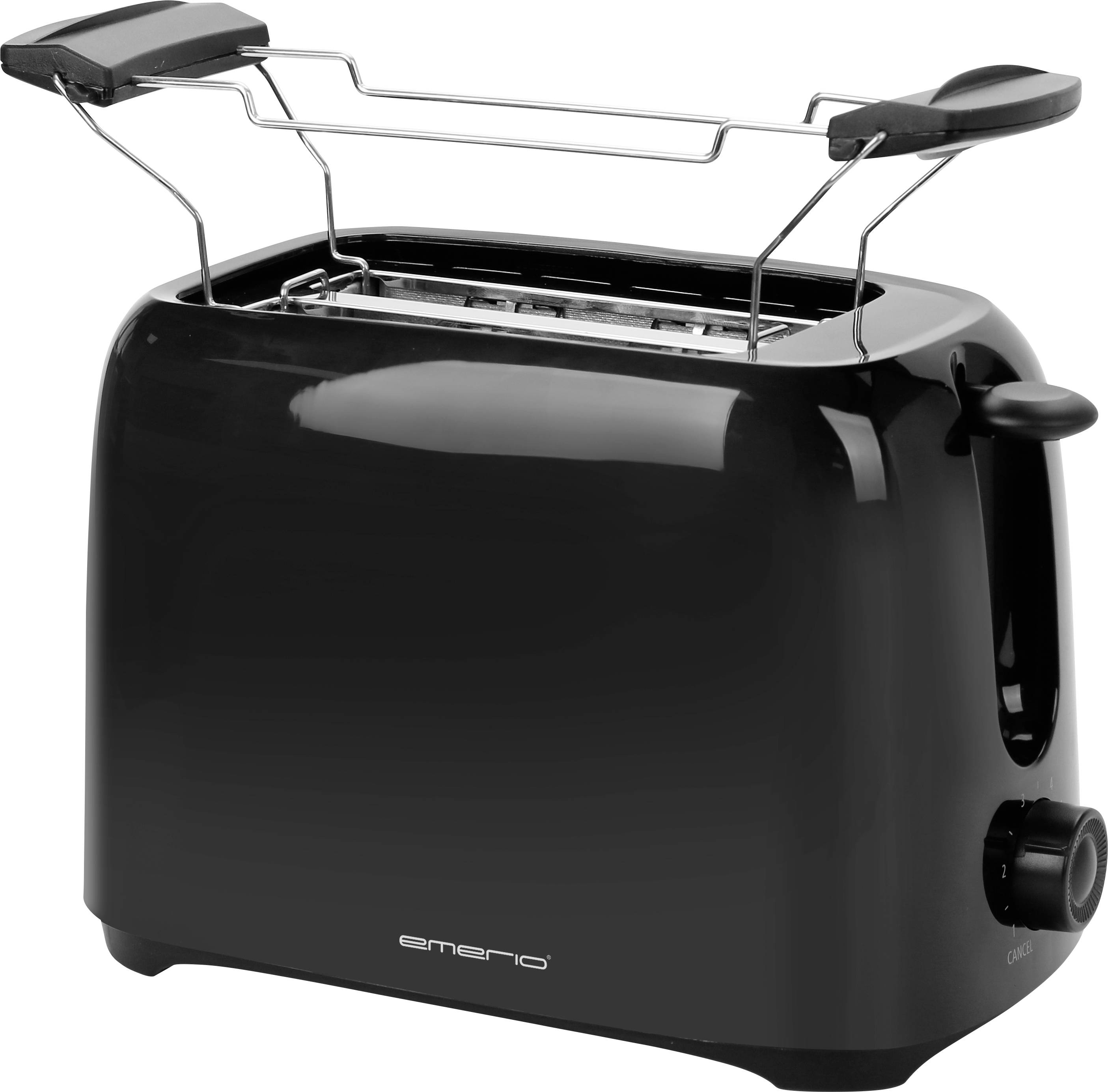 Ein schwarzer Toaster mit zwei Schlitzen und einem Brötchenaufsatz auf der Oberseite.