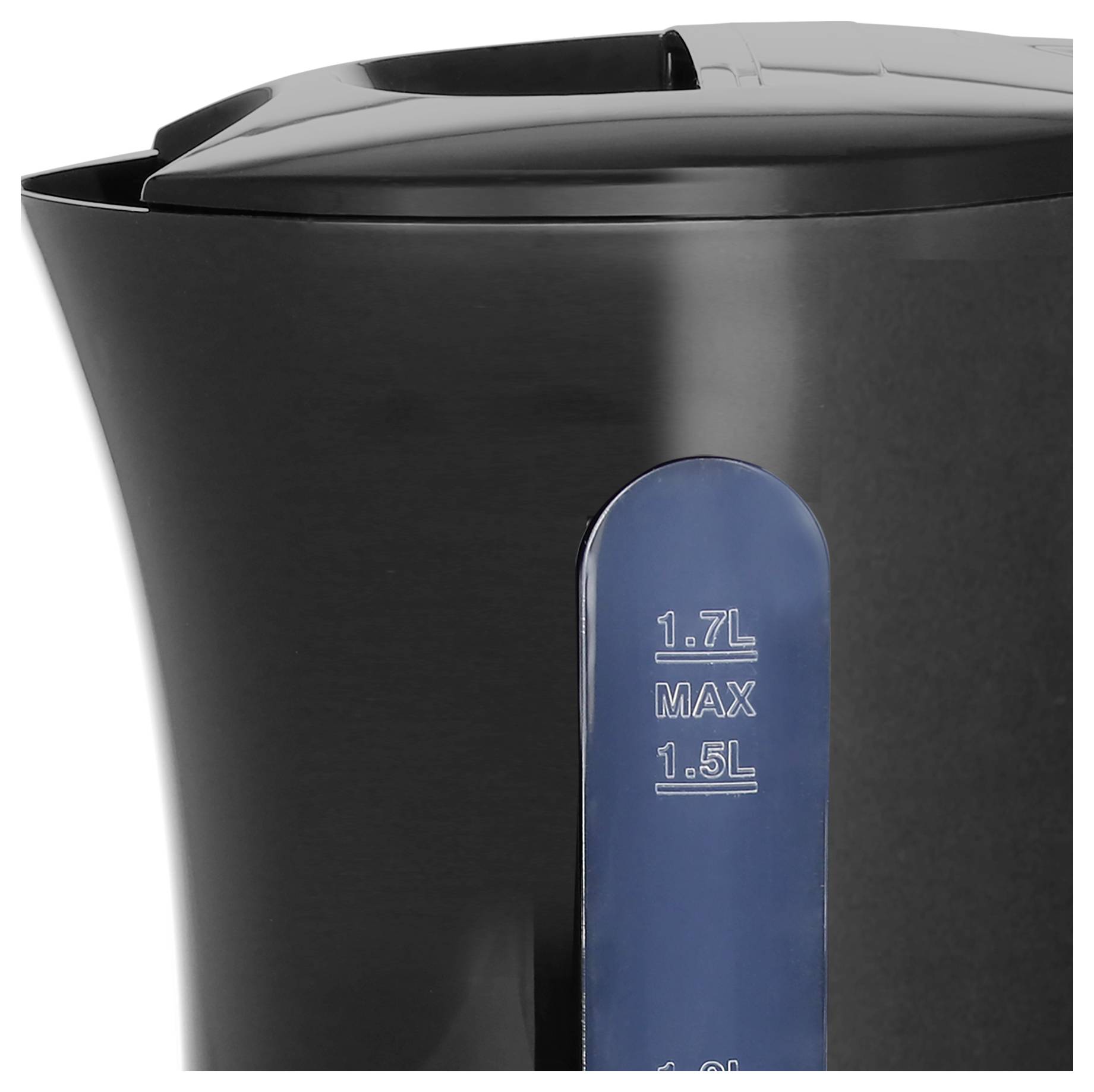 Elektrischer Wasserkocher in Schwarz mit Wasserstandsanzeige, die eine maximale Kapazität von 1,7 Litern zeigt.