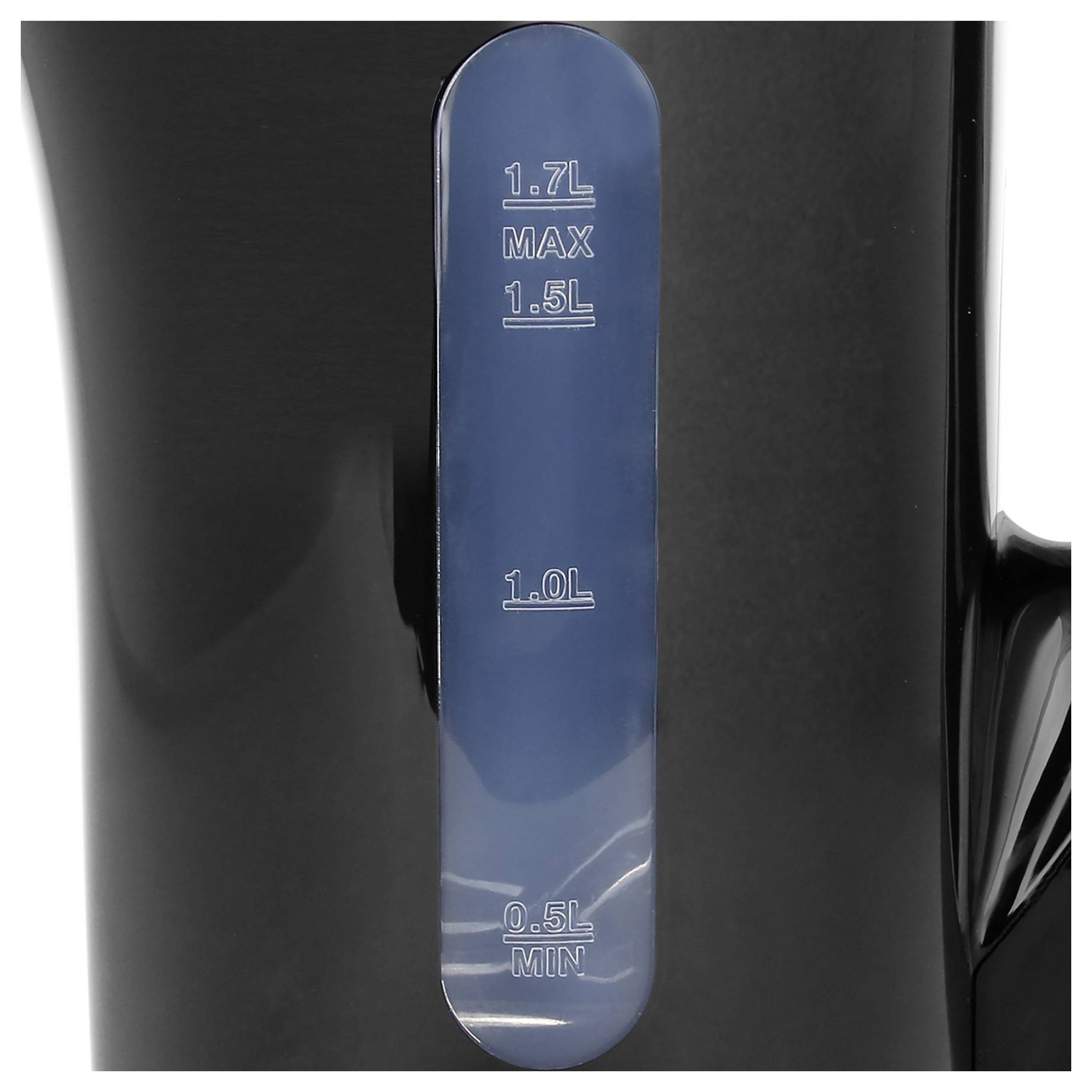 Wasserkocher mit 1,7-Liter-Maximalanzeige und 0,5-Liter-Minimalanzeige auf einer Skala an der Seite.