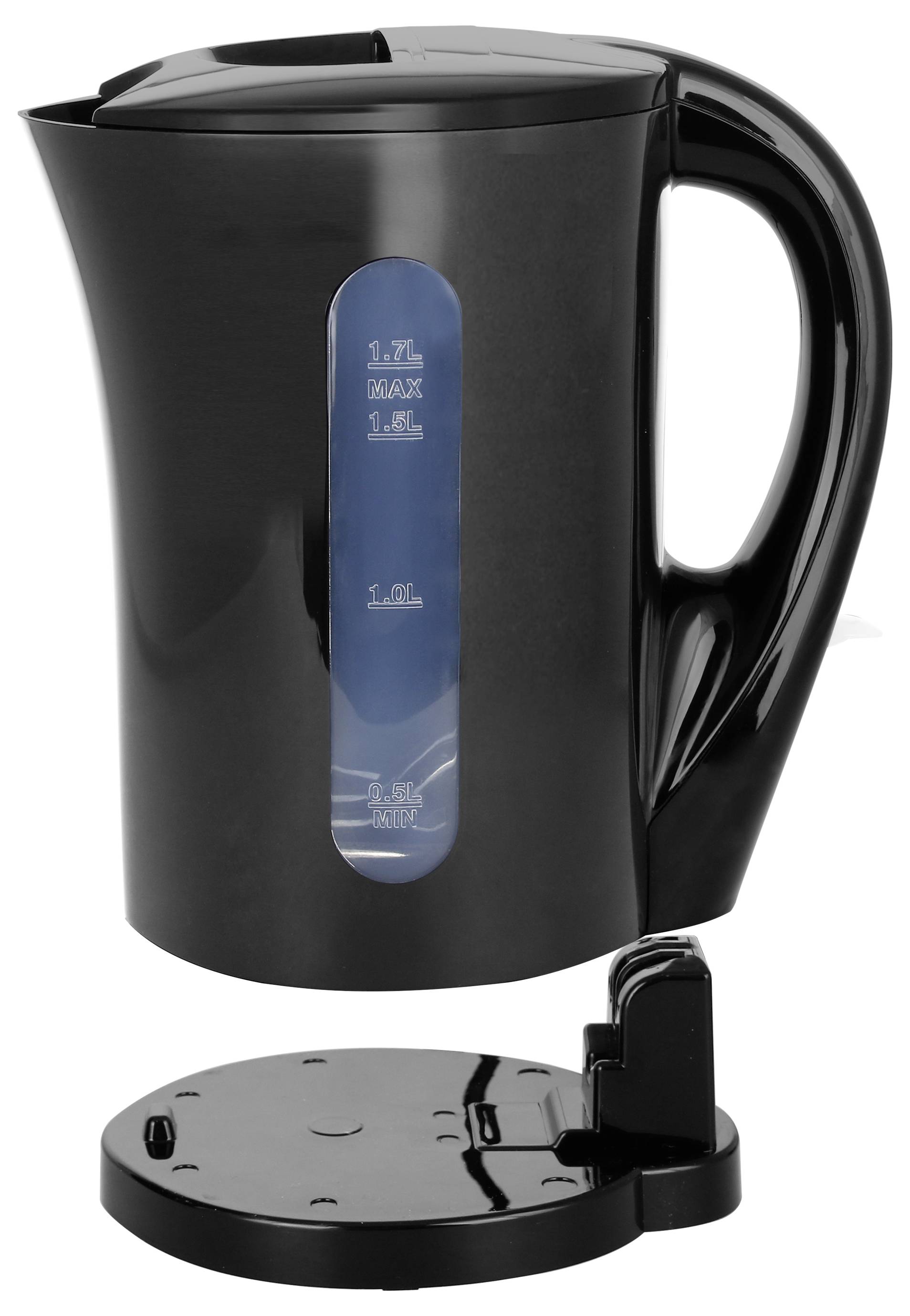 Ein schwarzer Wasserkocher mit transparentem Füllstandsanzeiger, der auf einem separaten Sockel steht.