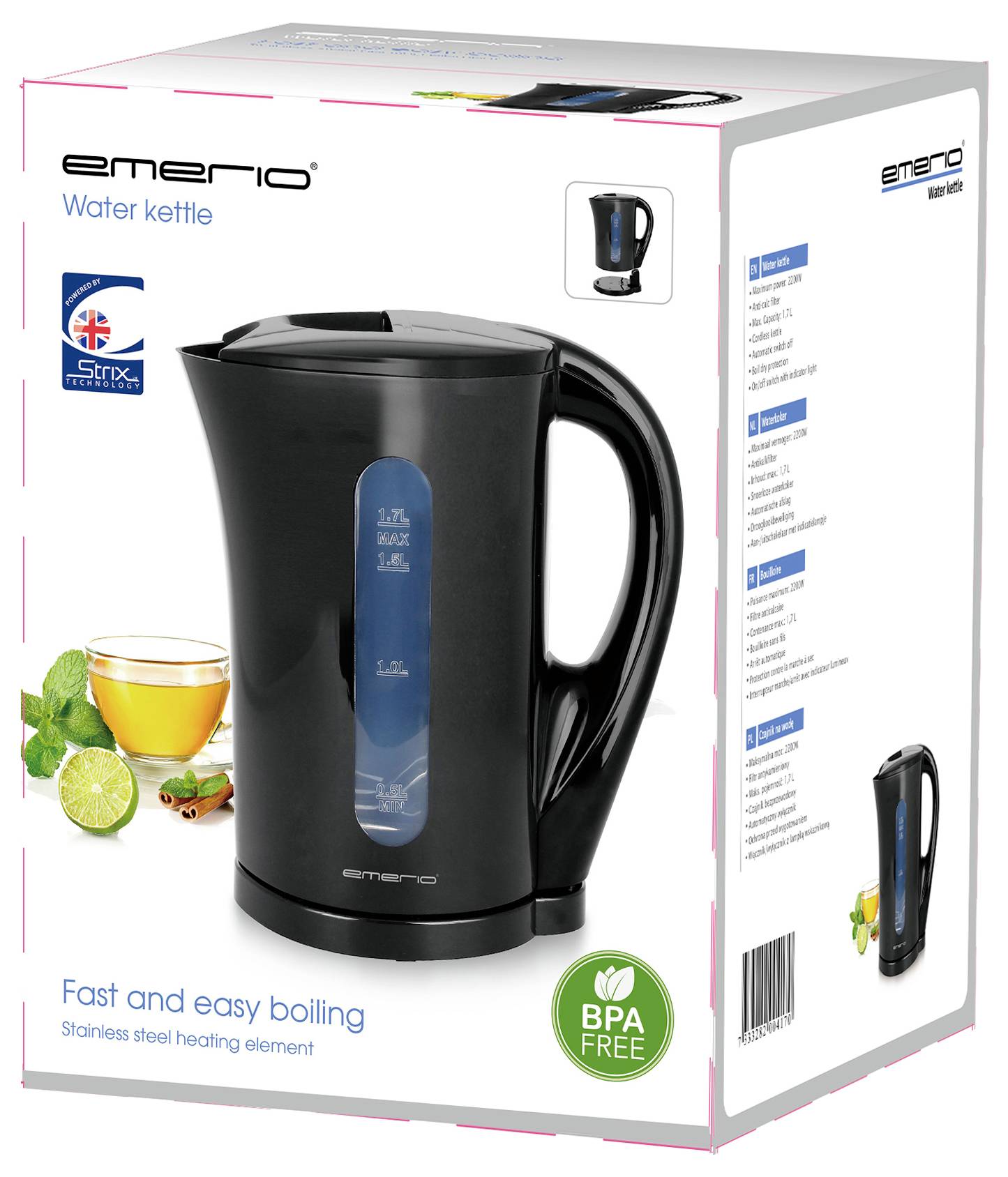 Wasserkocher der Marke Emerio, schwarz, BPA-frei, mit Edelstahl-Heizelement. Fassungsvermögen 1,7 Liter. Verpackung zeigt Produktbild und Eigenschaften.