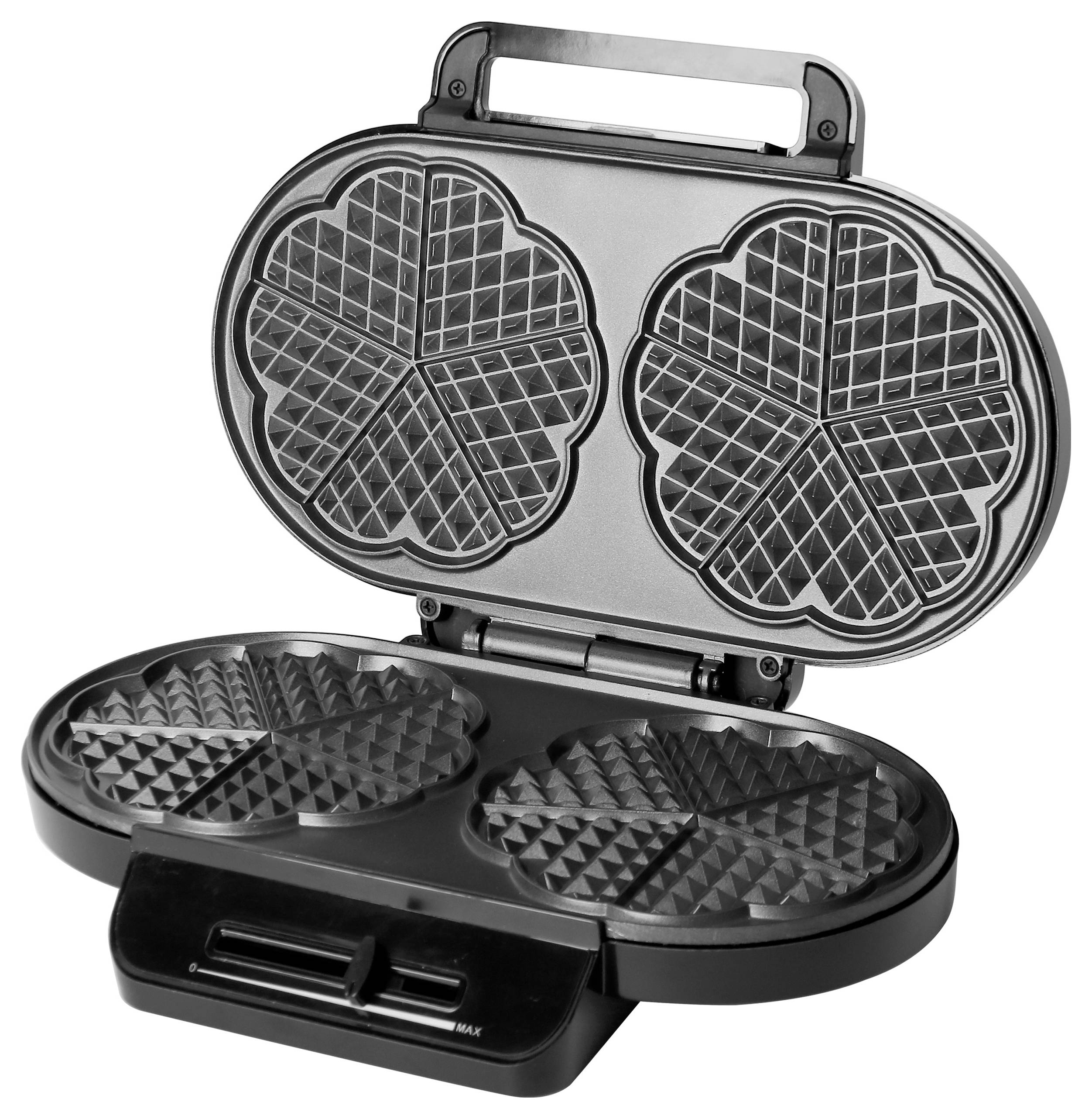 Ein geöffneter Waffeleisen mit herzförmigen Waffelmuster auf beiden Seiten, bereit zum Backen von zwei Waffeln gleichzeitig.
