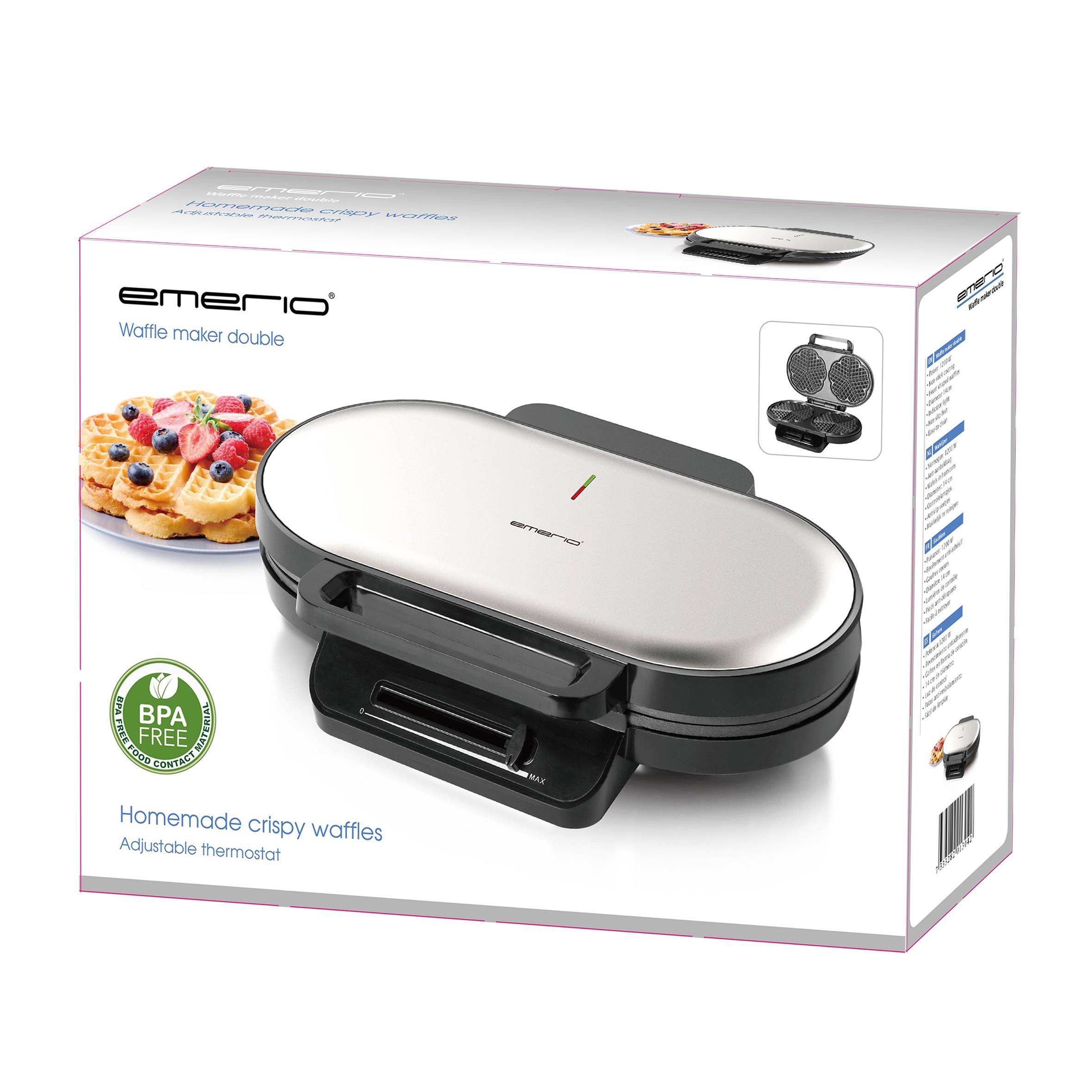 Eine Verpackung mit einem Doppel-Waffeleisen der Marke emerio, zeigt das Gerät und fertige Waffeln. Text: 'Homemade crispy waffles'.