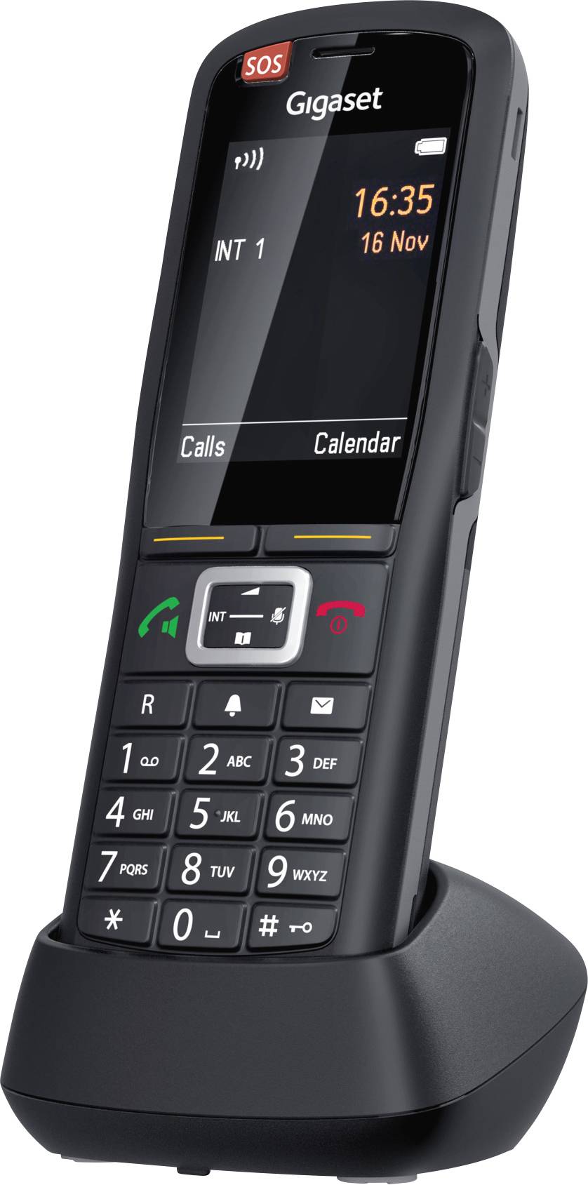 Schwarzes schnurloses Telefon auf Ladestation zeigt Datum und Uhrzeit auf Display an. Tasten für Anruf, Kalender und SOS-Funktion sichtbar.