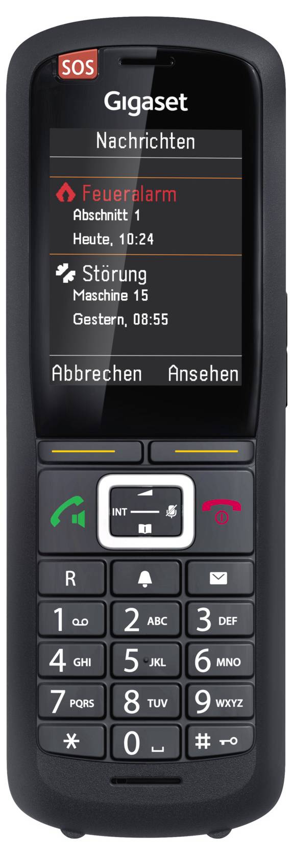 Ein Mobiltelefon mit einem Display, das 'Feueralarm Abschnitt 1, Heute, 10:24' und 'Störung Maschine 15, Gestern, 08:55' anzeigt.