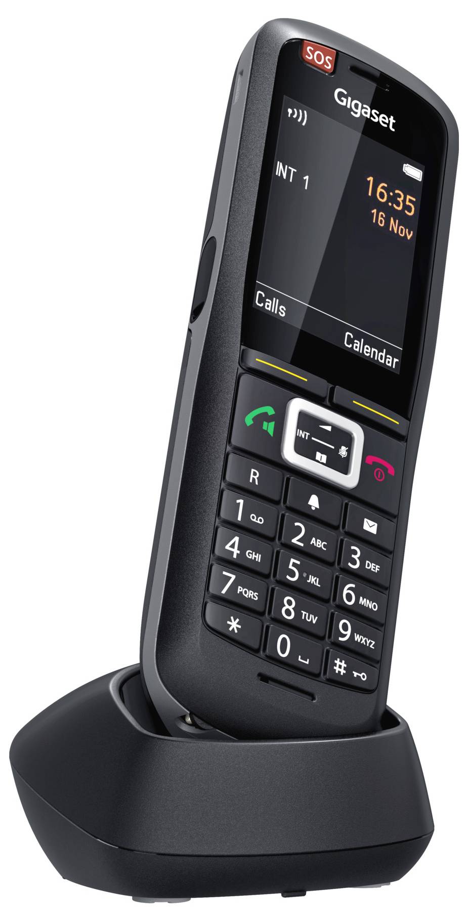 Kabelloses schwarzes Telefon mit SOS-Taste, Uhrzeit 16:35. In Ladestation. Tasten mit Nummern und Symbolen deutlich sichtbar.