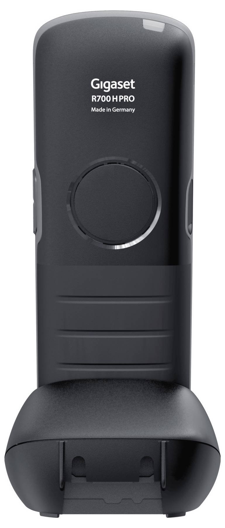 Gigaset R700H PRO Mobilteil in Ladestation, schwarzes robustes Design, 'Made in Germany' Aufschrift oben, geeignet für Geschäftsumgebungen.