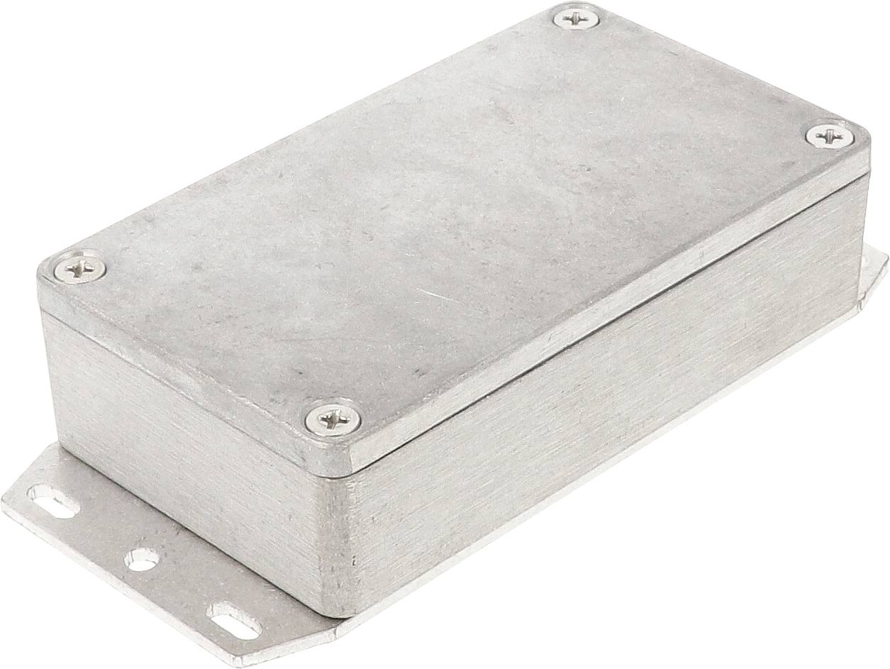 Rechteckiges Metallgehäuse mit Schrauben an den Ecken, geeignet zur Elektronikmontage.