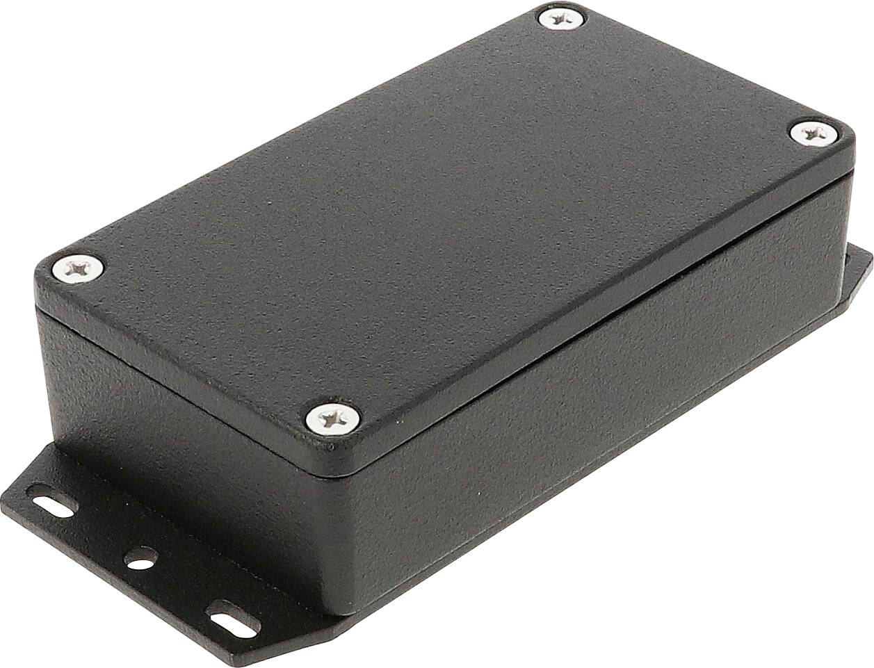 Ein rechteckiges, schwarzes Gehäuse mit abgerundeten Ecken und vier sichtbaren Schrauben an den Ecken.