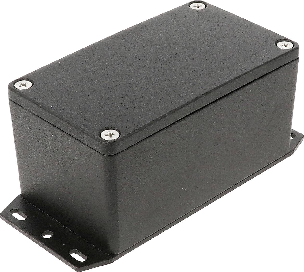 Ein rechteckiges schwarzes Gehäuse aus Kunststoff mit Schrauben an den Ecken. Es scheint für technische oder elektronische Anwendungen gedacht zu sein.
