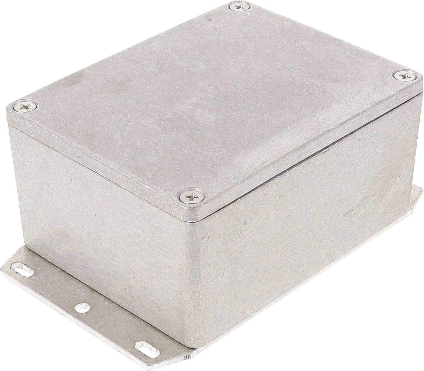 Metallische rechteckige Kiste mit Schrauben an den Ecken auf einer ebenen Fläche, ohne sichtbare Markierungen oder Beschriftungen.