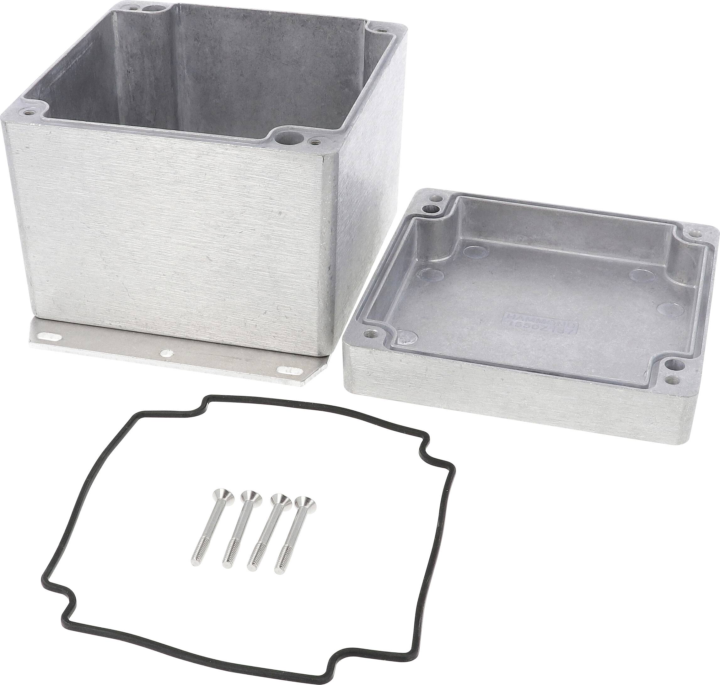 Aluminiumgehäuse mit abgenommenem Deckel, vier Schrauben und einer Dichtung. Geeignet für elektronische Bauteile.