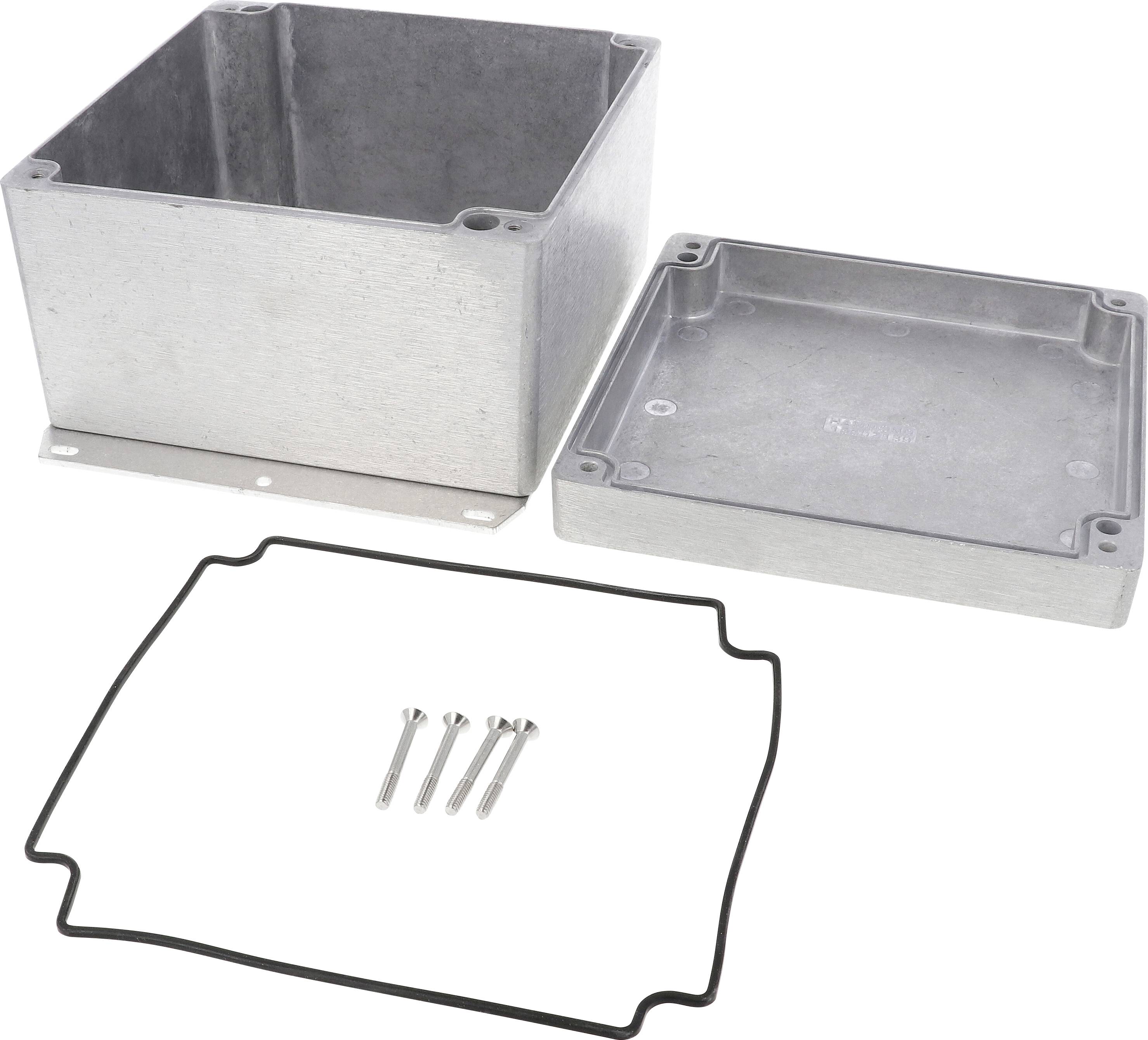 Metallisches Gehäuse mit abgenommener Abdeckung, vier Schrauben und einer Gummidichtung. Geeignet zum Schutz von Elektronik.