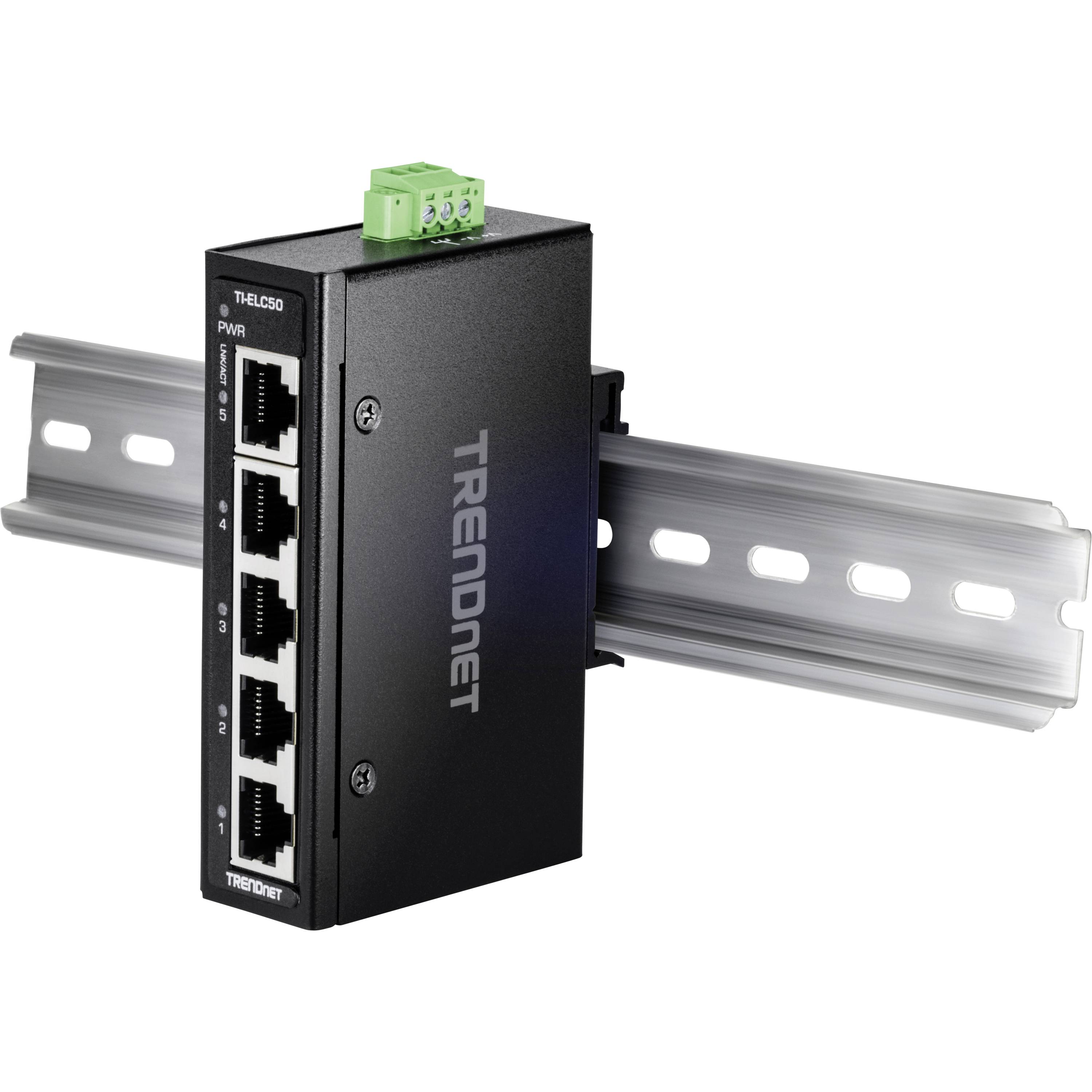 Industrieswitch von TRENDnet mit vier Ethernet-Ports auf einer DIN-Schiene montiert.