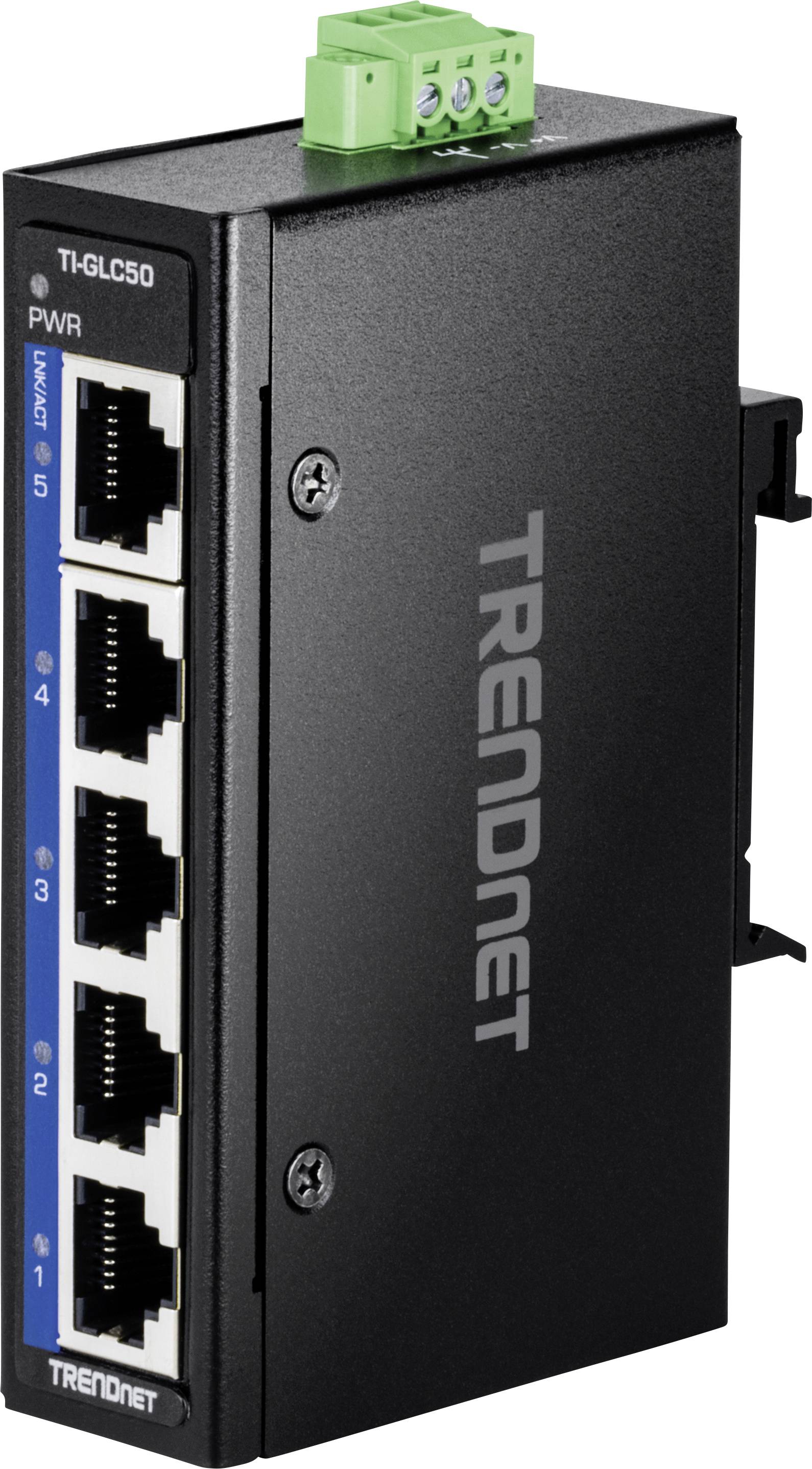 Schwarzer Ethernet-Switch mit fünf LAN-Ports und grünem Anschluss oben. Marke 'TRENDnet' an der Seite aufgedruckt.