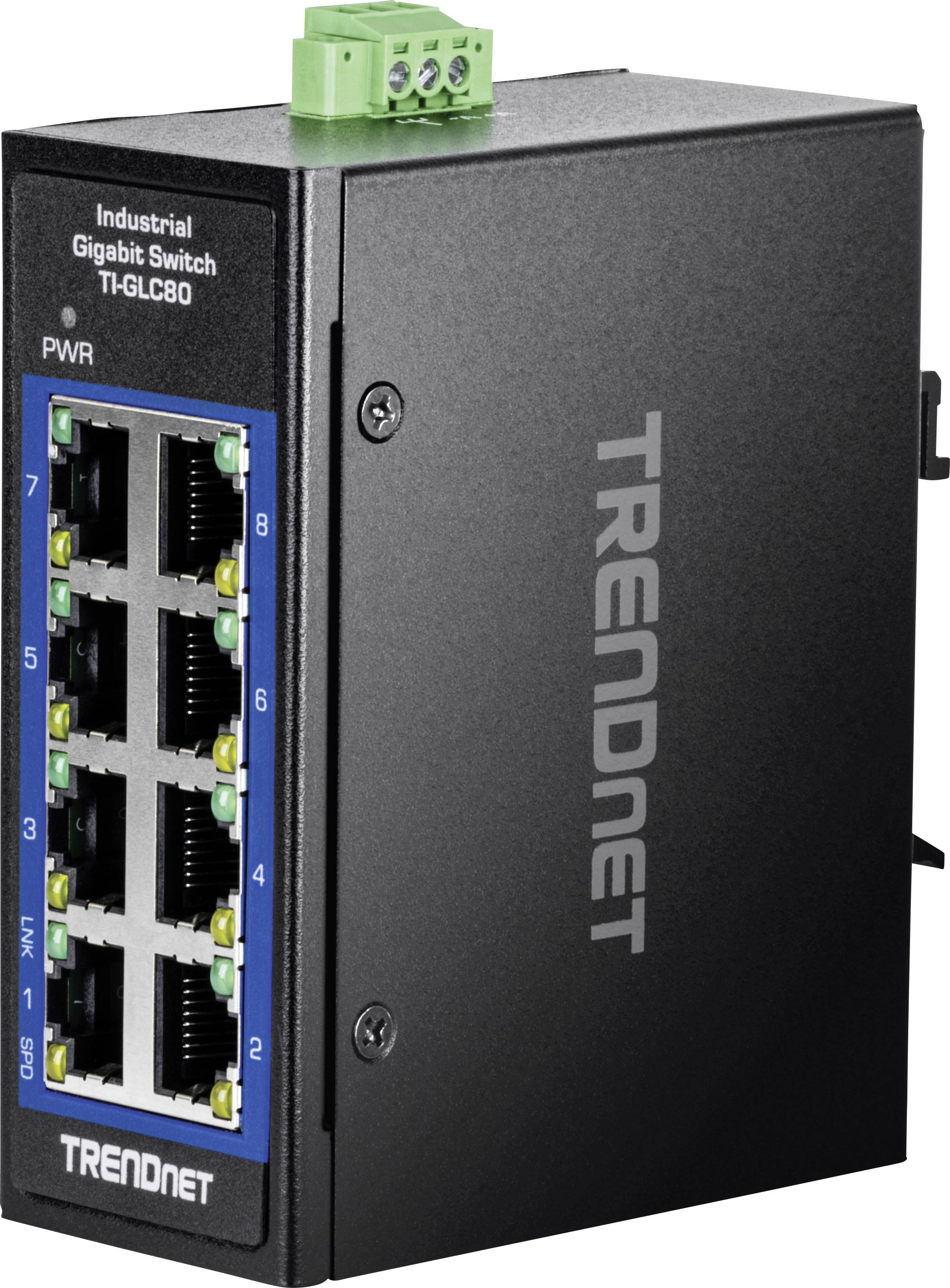 Industrieller Gigabit-Ethernet-Switch mit acht Ports von TRENDnet, Modell TI-IGL80, geeignet für robuste Netzwerkanwendungen.