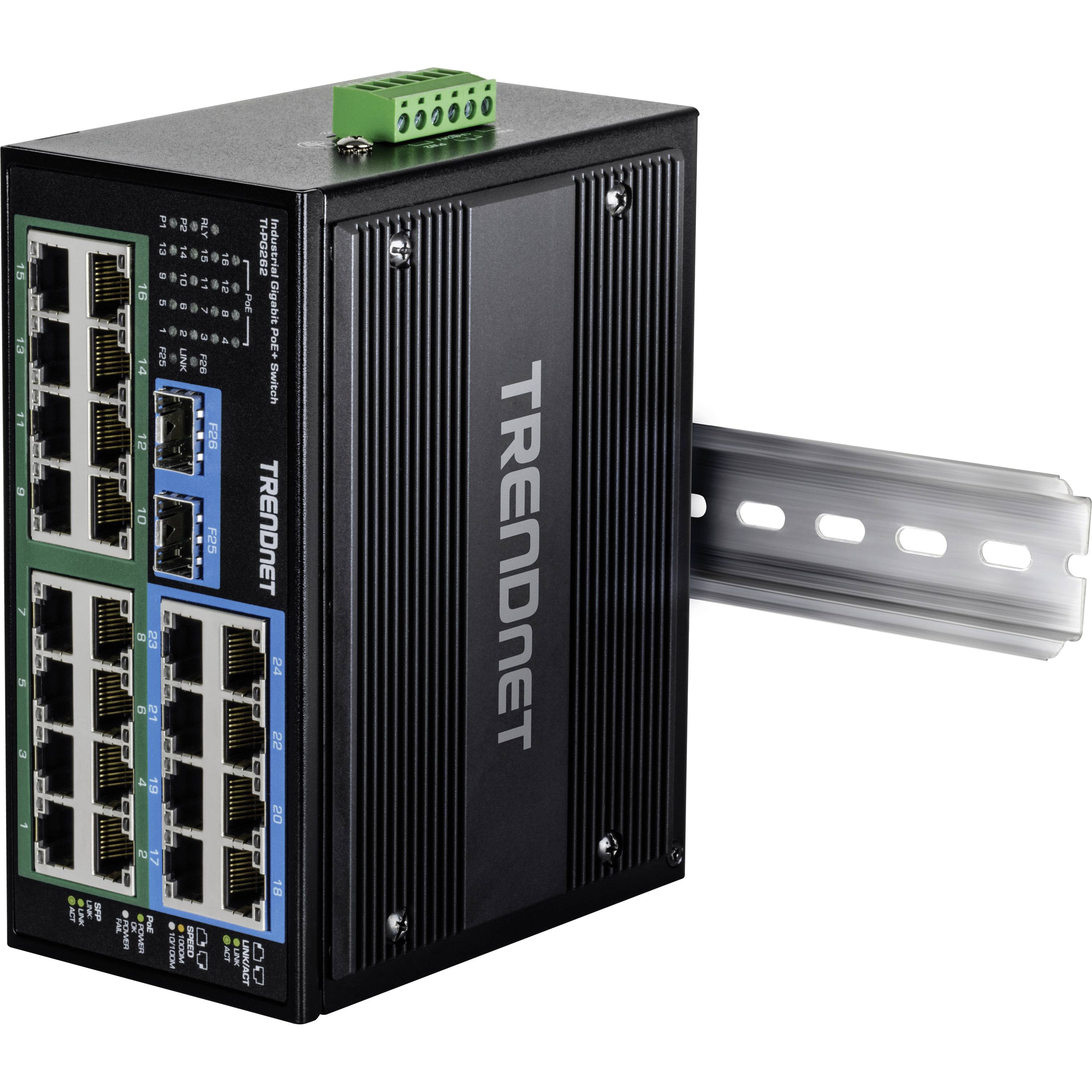 Schwarzer TRENDnet Ethernet-Switch mit 16 Ports und Montageschiene, geeignet für industrielle Netzwerkinstallationen.