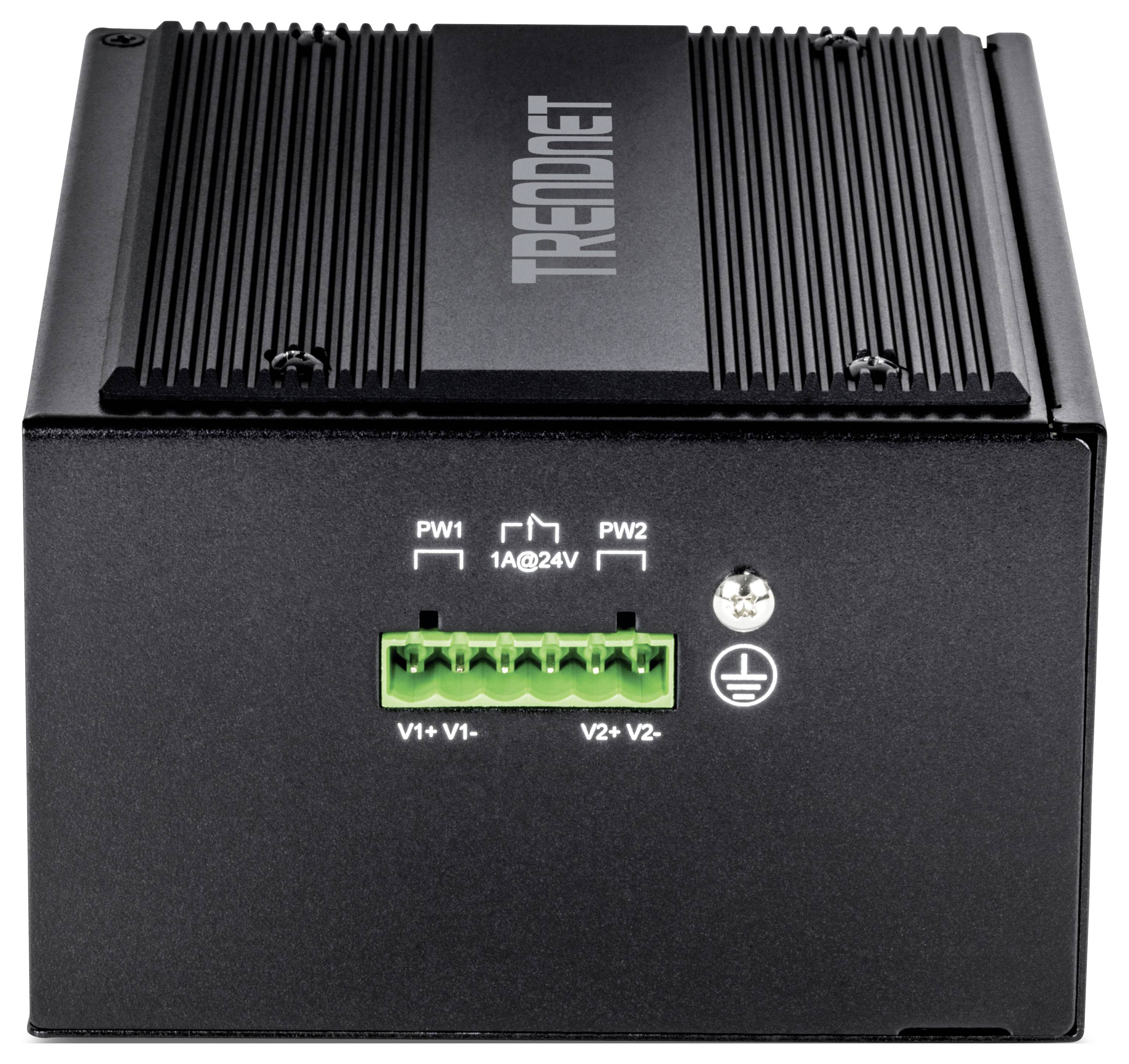 Schwarzes, rechteckiges Elektronikgerät mit Anschlussbuchsen an der Vorderseite, Markenname 'TRENDnet' auf der Oberseite sichtbar.