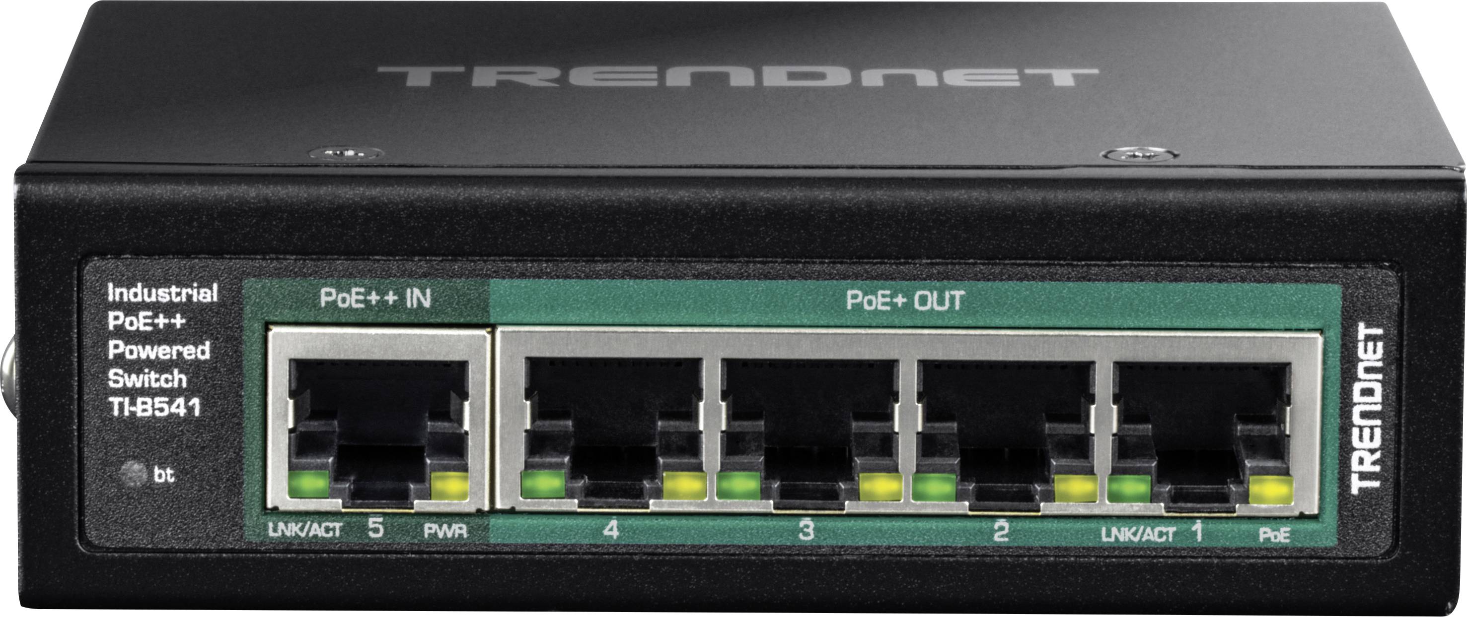Ein Industrie-Netzwerk-Switch von TRENDnet mit sechs Ethernet-Ports. Vier Ports sind für PoE-Ausgänge, einer für PoE-Eingang.