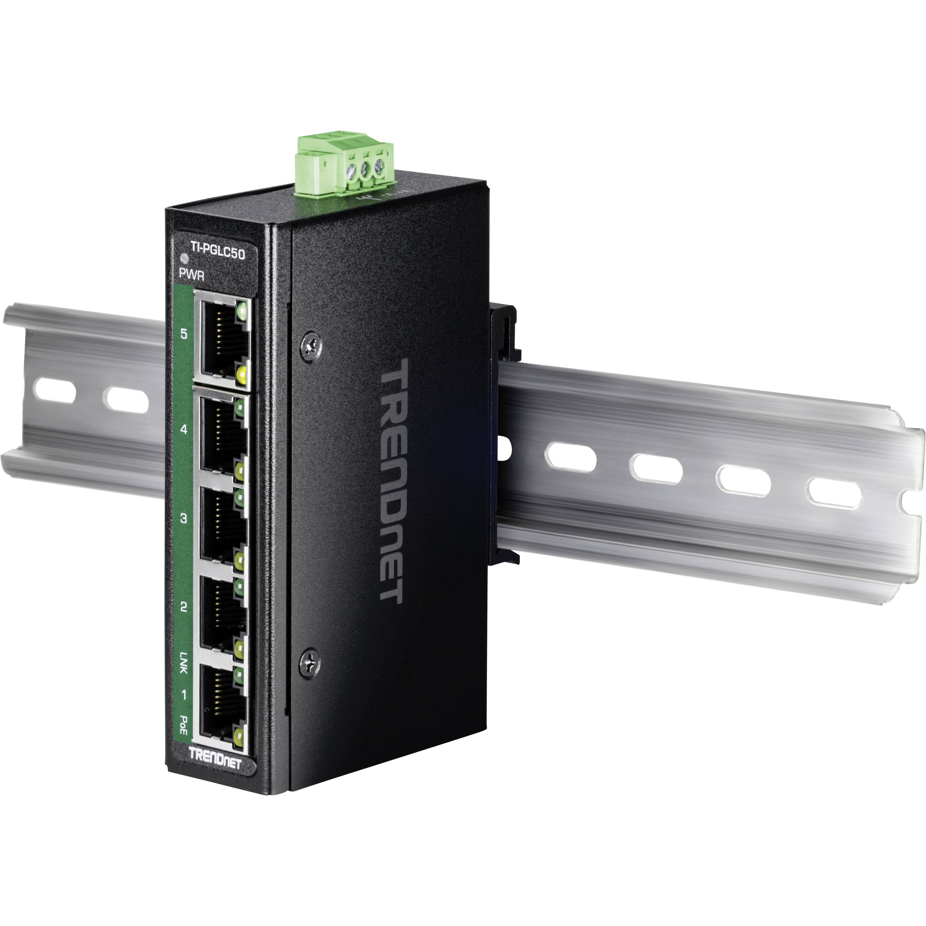 Schwarzer TRENDnet Ethernet-Switch mit fünf LAN-Ports. Befestigt an einer Hutschiene, mit grüner Anschlussklemme oben.