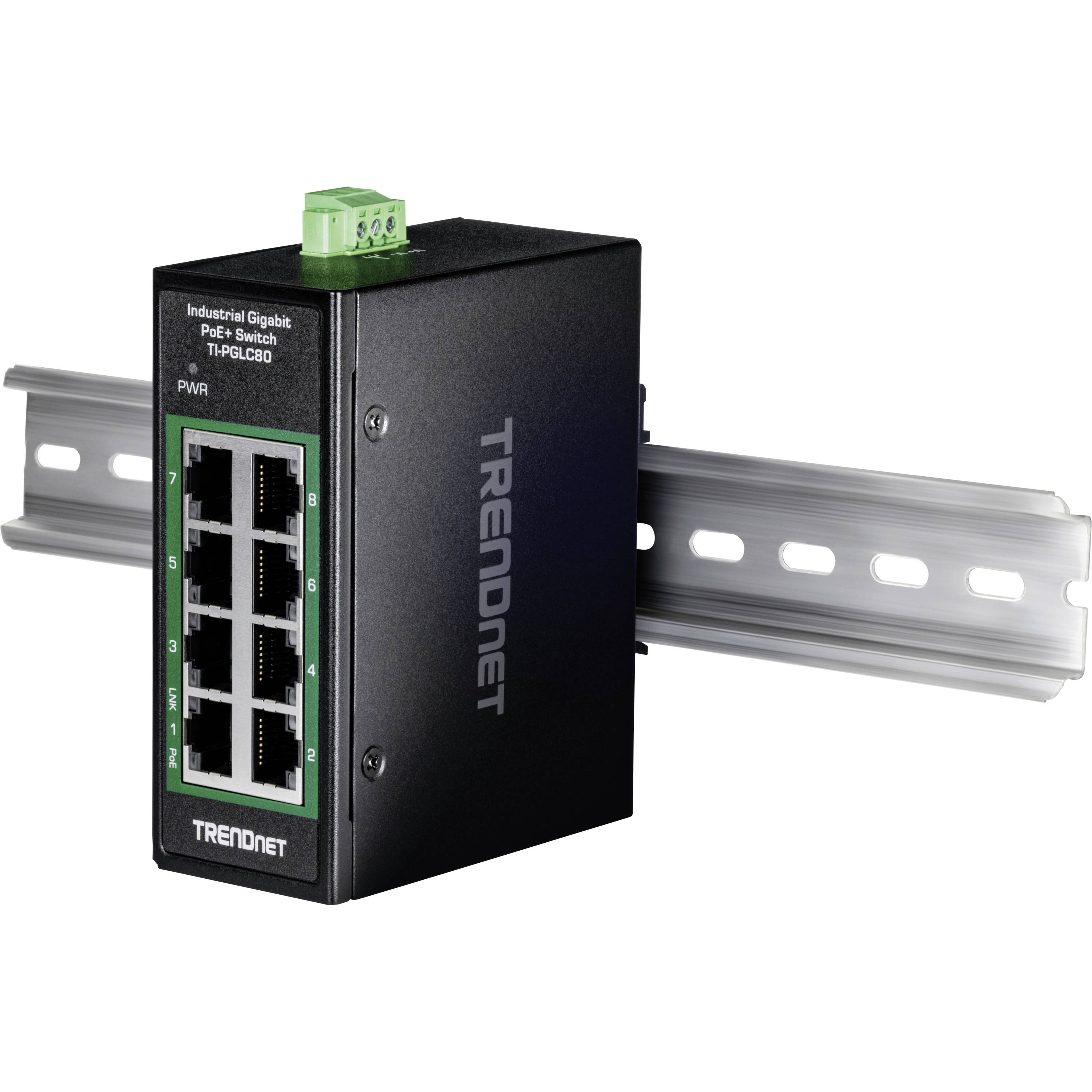 Industrieller Gigabit PoE+-Switch von TRENDnet mit acht Ports, an einer Hutschiene montiert, geeignet für Netzwerkinstallationen.